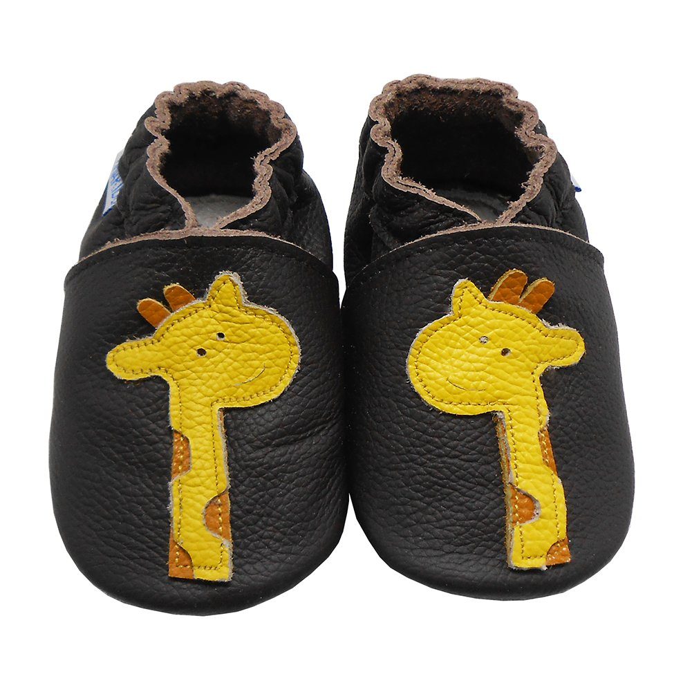 Weiche Leder Lauflernschuhe Hausschuhe Lederpuschen Giraffe Schwarz Krabbelschuh