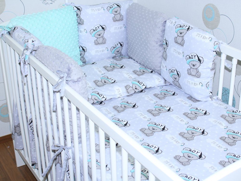 Bettnestchen Baby Nestchen - 6 Kissen - MINKY und Baumwolle -Umrandung für Babybett
