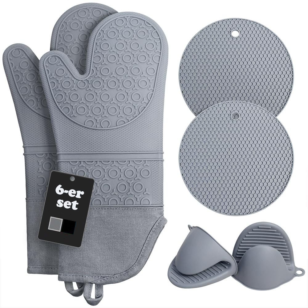 SURFOU Topfhandschuhe Ofenhandschuhe Topflappen Topfhandschuhe 6er Set Lange Backhandschuhe, (Kochhandschuhe, Oven Gloves, Topflappen Handschuh, Ofenhandschuhe Hitzebestaendig, Hitzebeständig bis 230°C, extra langen Handschuhen, BPA-freies Lebensmittel-Silikon & Baumwoll-Futter – Spülmaschinengeeigne, rutschfeste Oberfläche, inkl. Mini-Greifhandschuhen), Rutschschutz, Verlängern, Weich