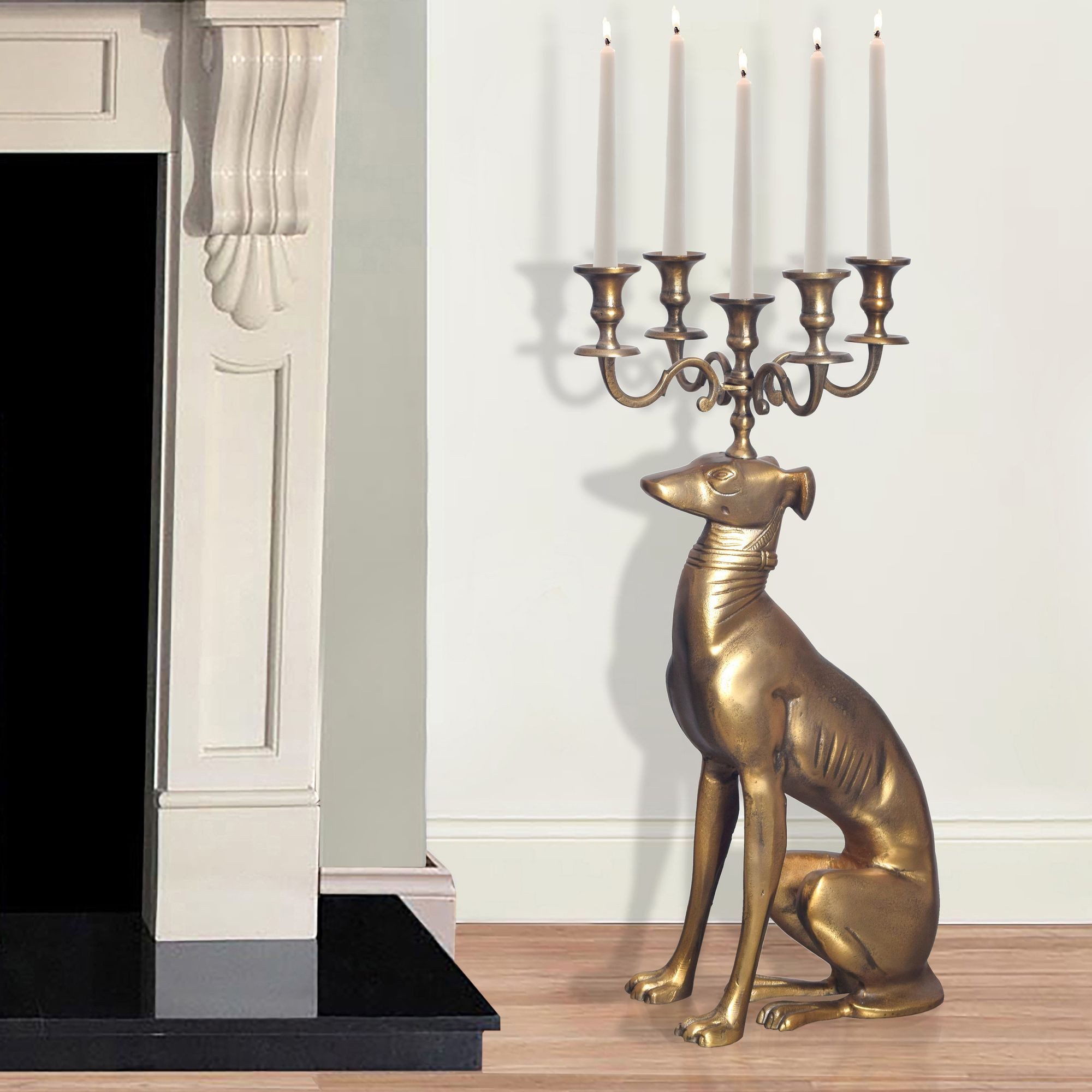 FINEBUY Kerzenständer (Kerzenständer Hund, 5-armiger Kerzenleuchter), Kerzenhalter Windhund Aluminium Gold 69 cm Modern