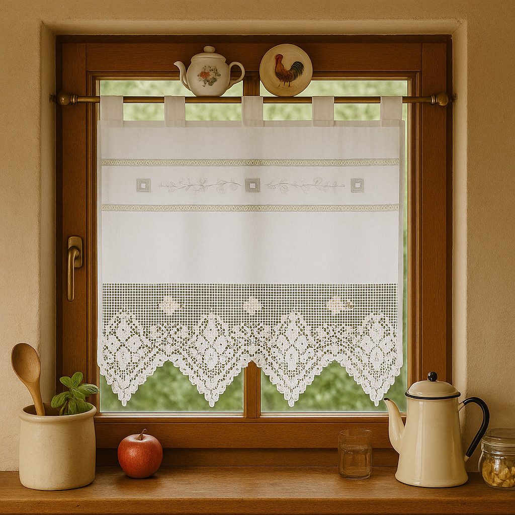 HOSSNER - ART OF HOME DECO Scheibengardine 40x50 cm (1 St), Schlaufen, blickdicht, Baumwolle, Vintage, Romantische Stickerei