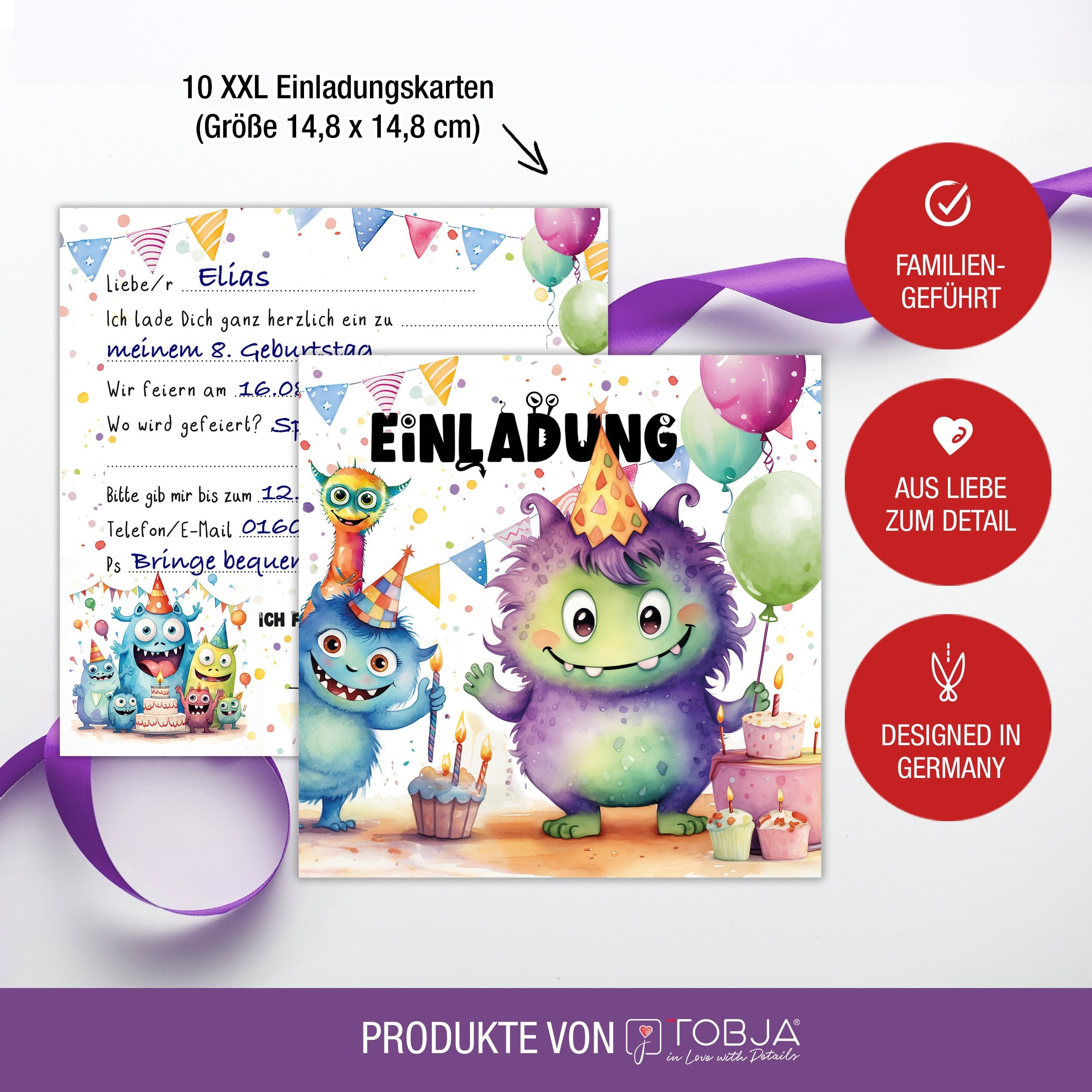 TOBJA Einladungskarten 10 Einladungskarten Monste inkl Umschläge und Sticker, Kindergeburtstag Junge Geburtstag Einladung Kinder