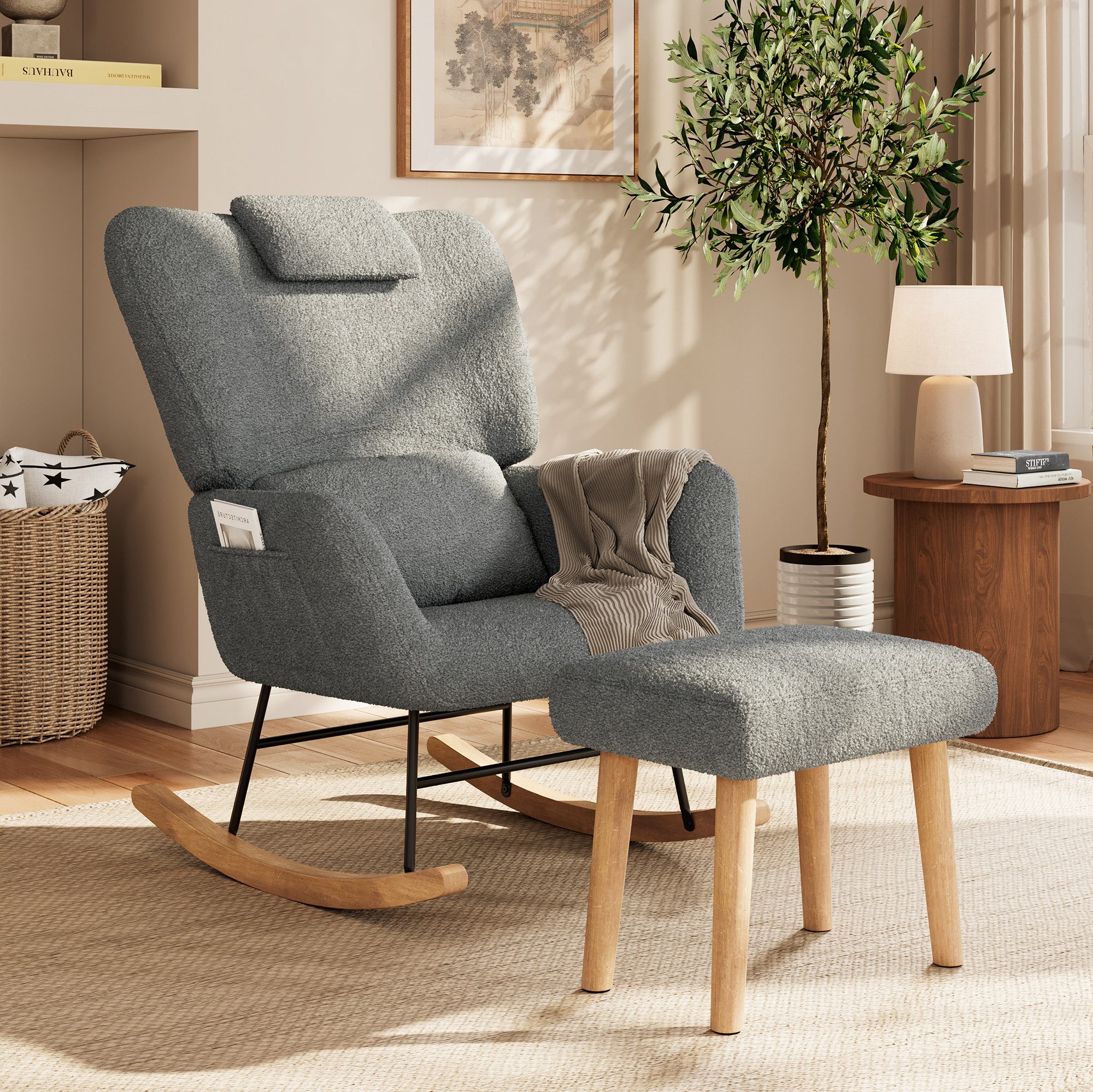 Simurq Schaukelstuhl Schaukelsessel, Relaxsessel mit Hocker und Kissen (1 St), Schaukelsessel mit Kopfstütze und Fußhocker,Fleece