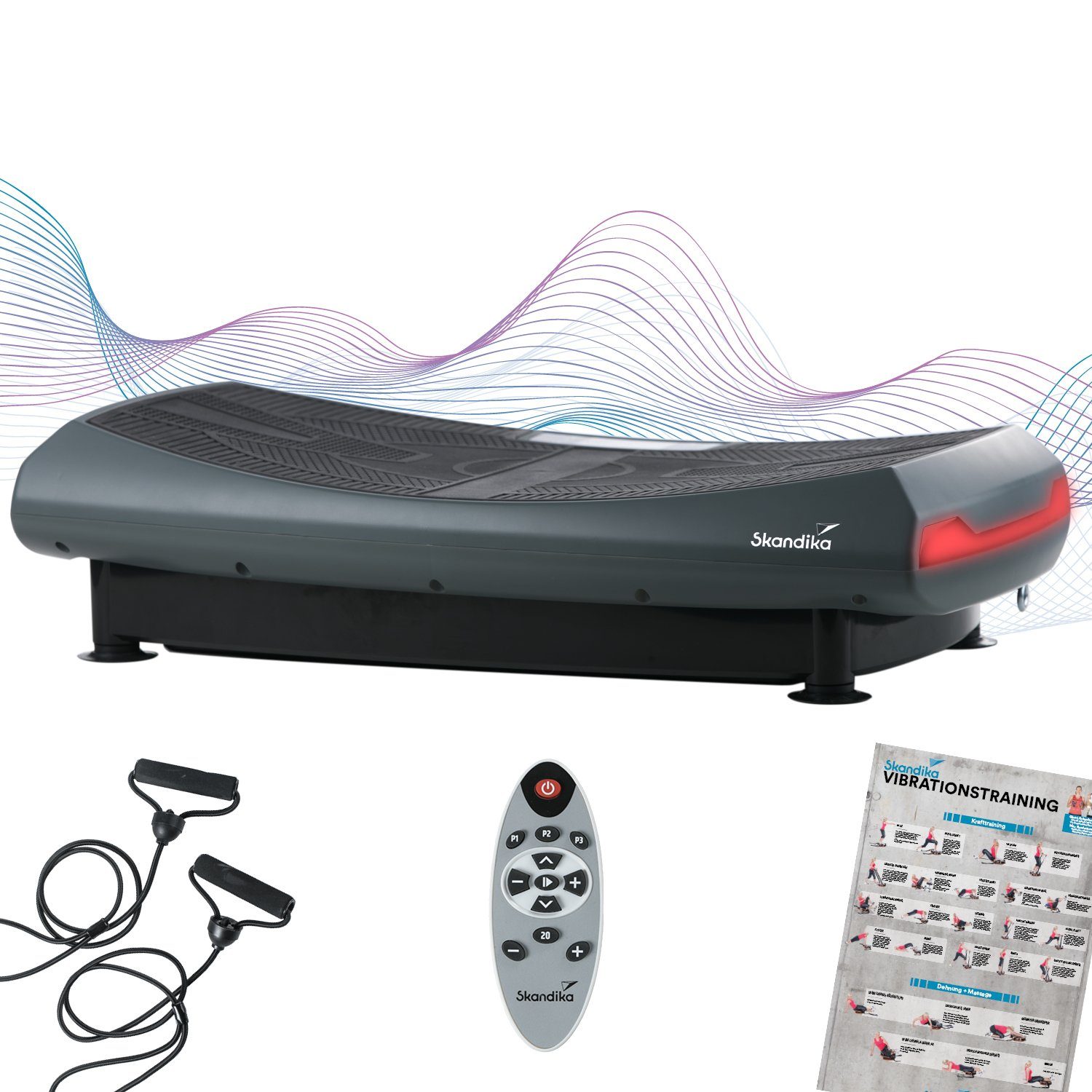 Skandika Vibrationsplatte 3D Vibration V2000 Trainingsbänder, Curved Design, Fernbedienung, Bluetooth Poster, (grau) Starke Motoren, 2