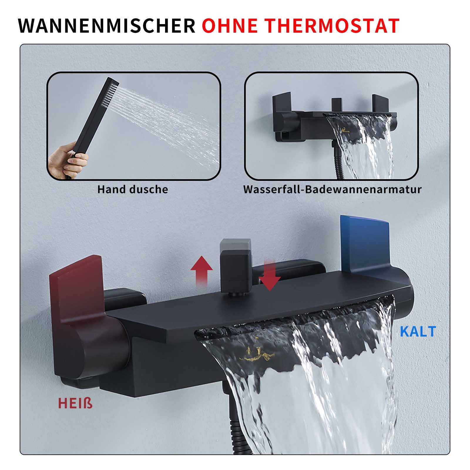 HOMELIVE Duscharmatur Wasserfall Wasserhahn Bad Duscharmatur (Badewannenarmatur mit Regal Wannenarmatur) Armatur Duscharmatur für Bad, Schwarz matt,Messing