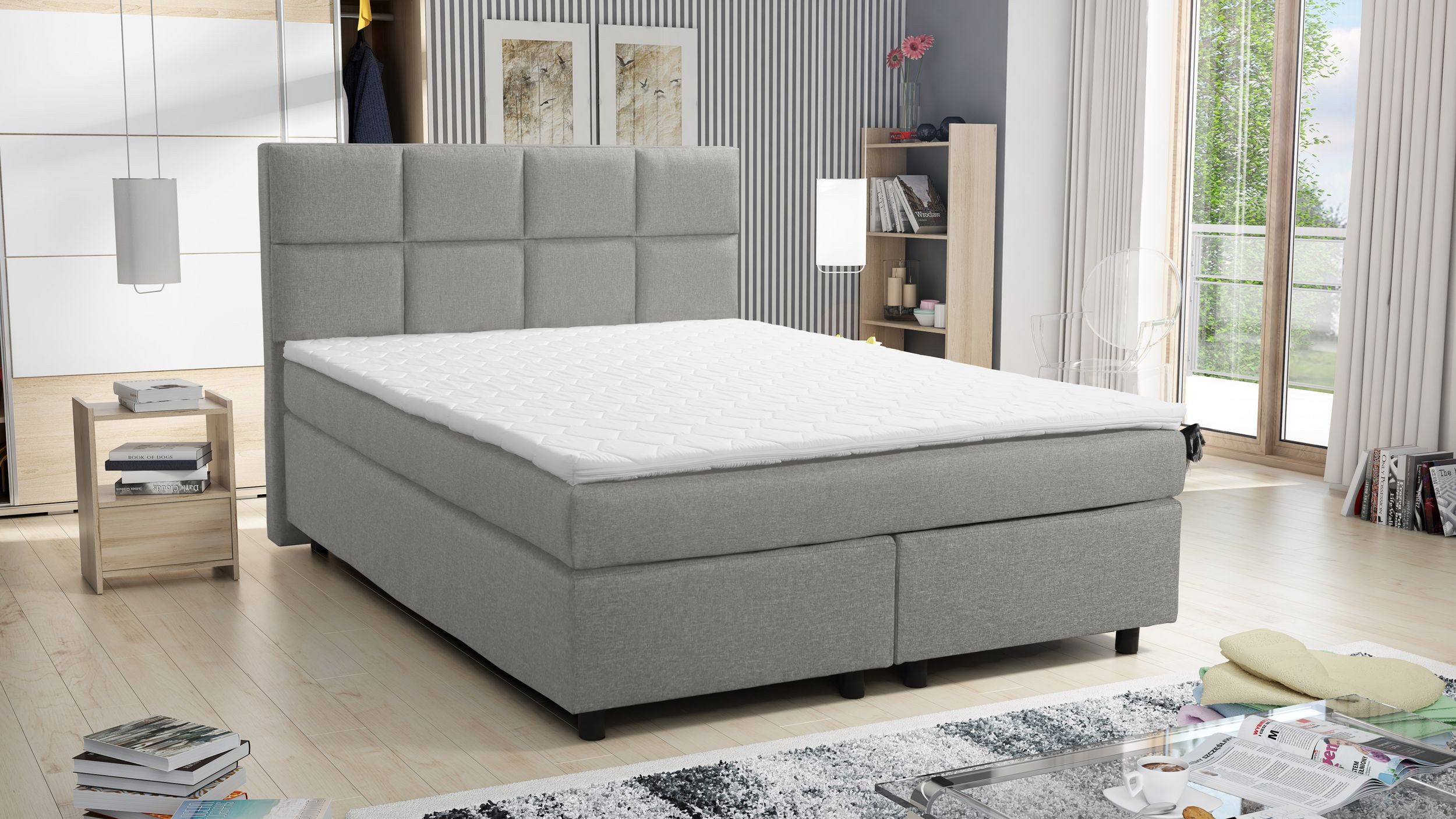 Küchen-Preisbombe Boxspringbett 140x200 Hotelbett Bonellfederkern Bett Topper Paxos 1 Tablet hellgrau