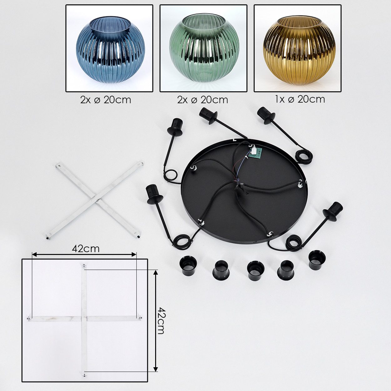 hofstein Hängeleuchte Hängelampe aus Metall/Riffelglas in Schwarz/Grün/Blau/Goldfarben, Hängeleuchte im modernen Retro/Vintage-Design (20 cm), 5 x E27