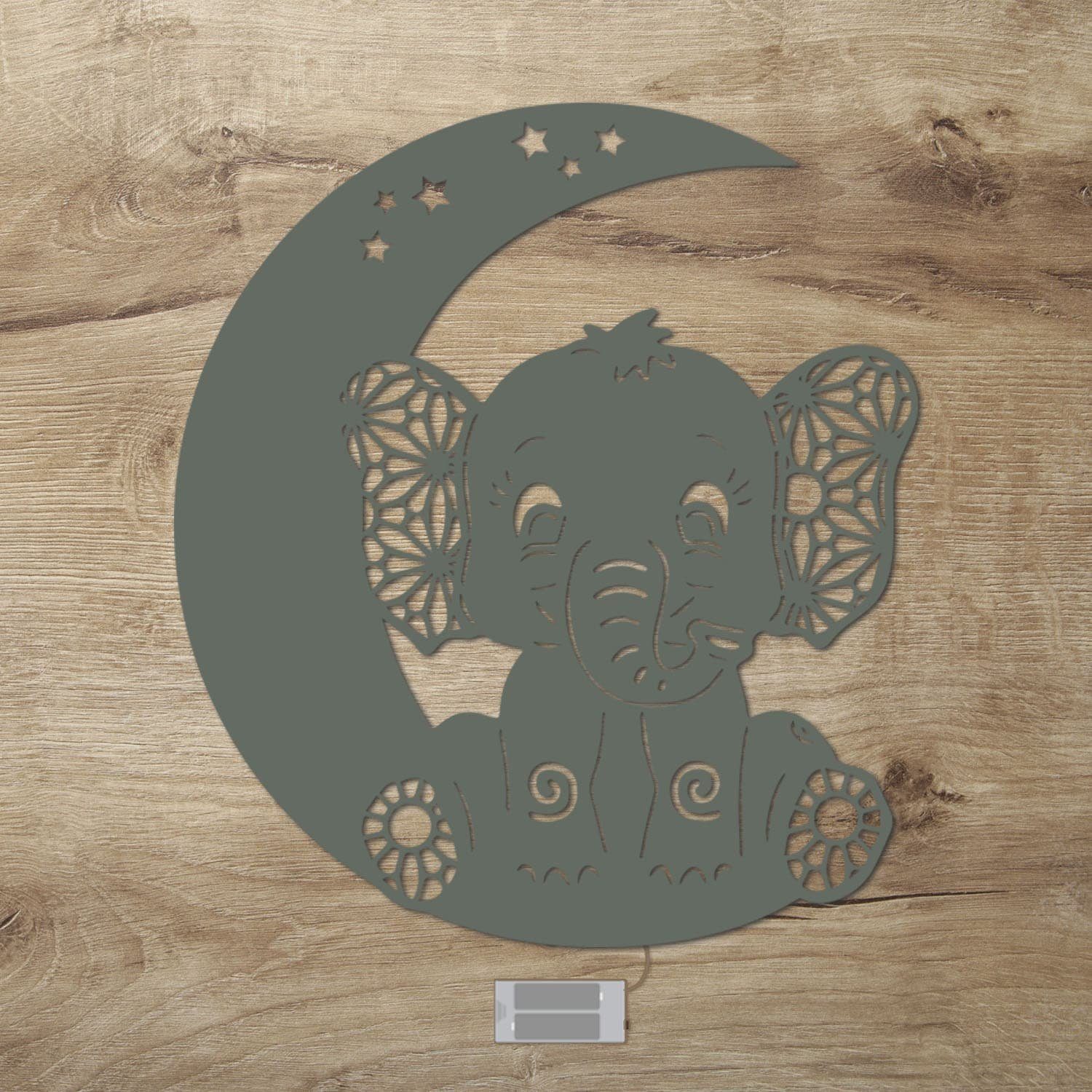 Namofactur LED Nachtlicht Elefant auf Mond - Schlaflicht mit Elefanten Motiv für Kleinkinder, Ohne Zugschalter, LED fest integriert, Warmweiß, Wanddekoobjekt Kinderzimmer Leuchte batteriebetrieben Grau