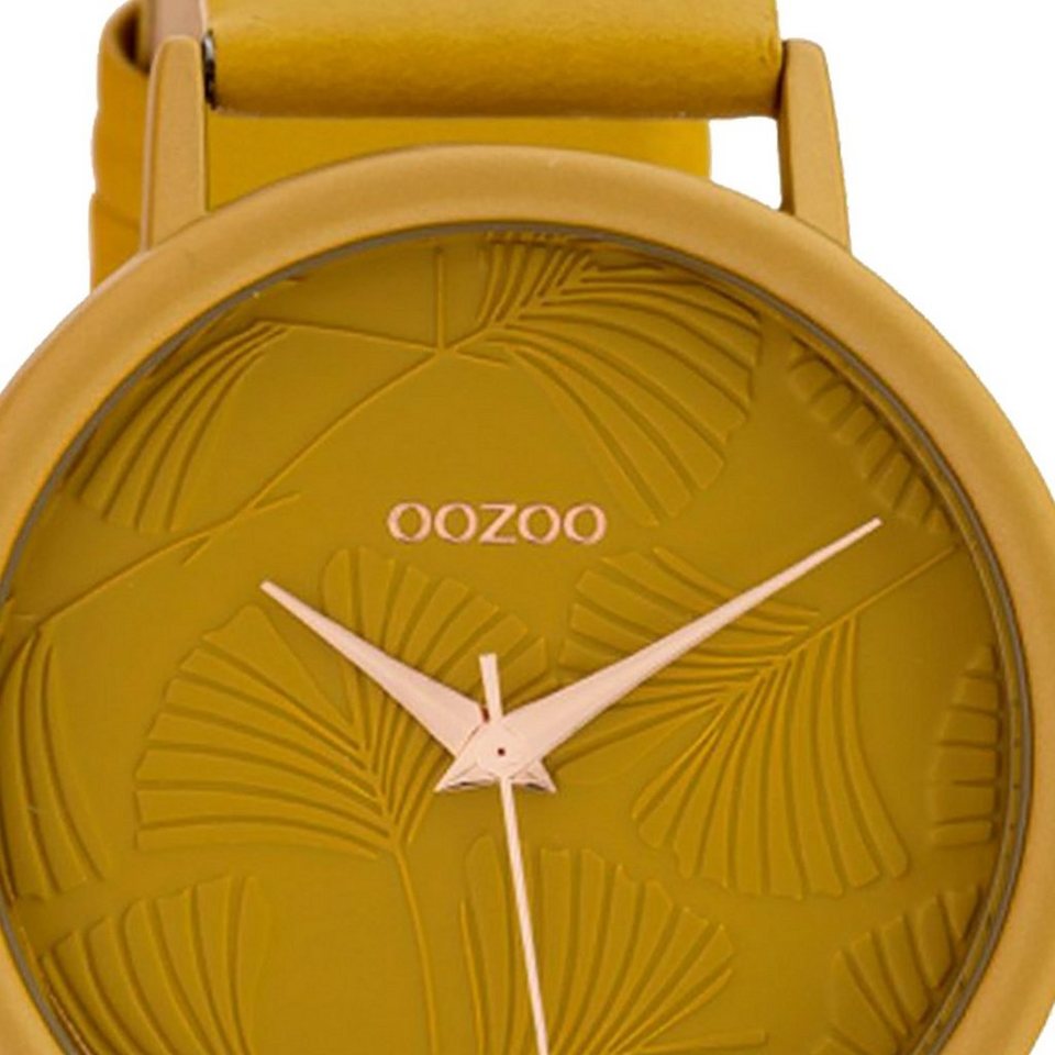 OOZOO Quarzuhr Oozoo Damen Armbanduhr senfgelb, Damenuhr rund, groß (ca.  42mm), Lederarmband senfgelb, Fashion