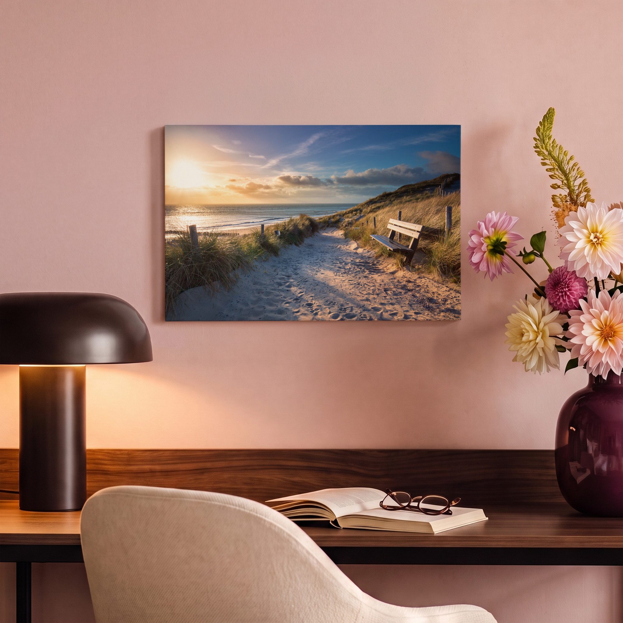 OneMillionCanvasses® Leinwandbild Sonnenuntergang - Strand - Düne - Gras - Bank, Fotodruck (1 St), Wandbild, Deko Schlafzimmer Wohnzimmer Flur 20x20 cm – Bild 4 von 5