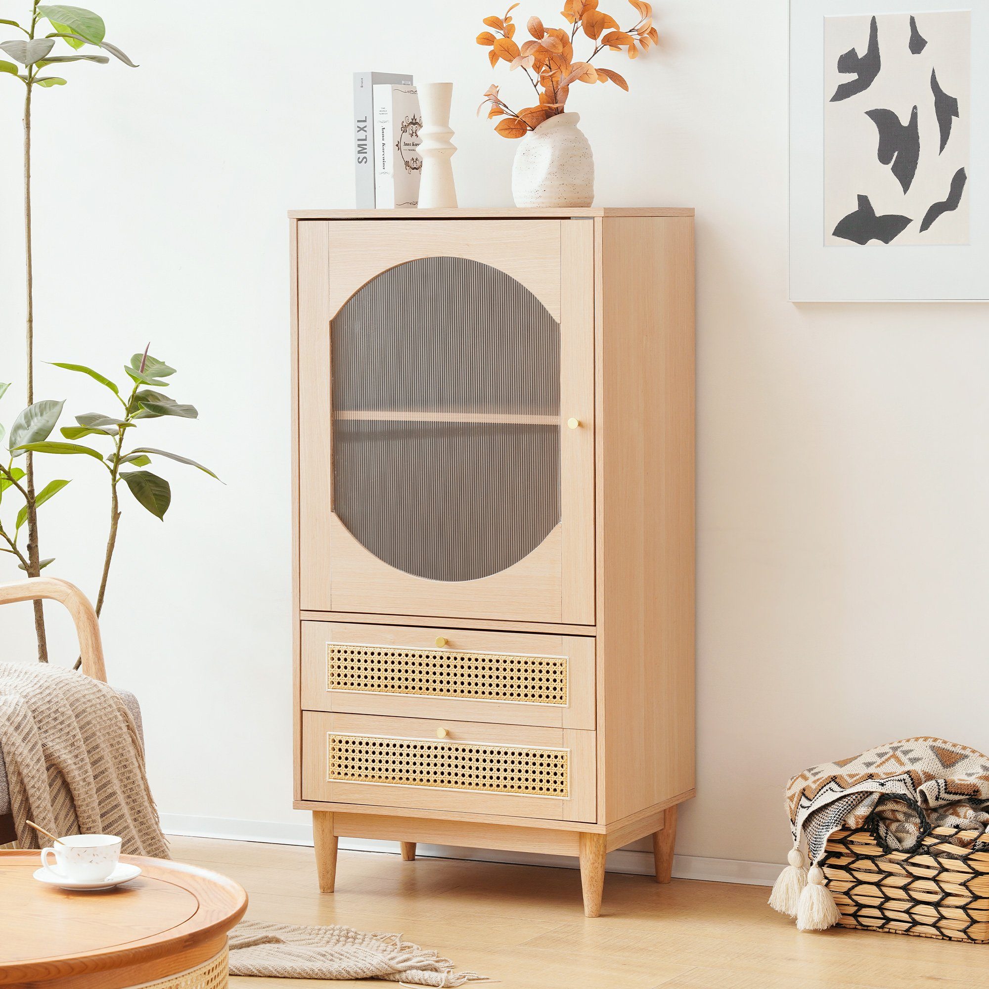 Merax Highboard, Anrichte, mit Tür und Schubladen, Sideboard Rattan Dekor, Kommode, Hochkommode