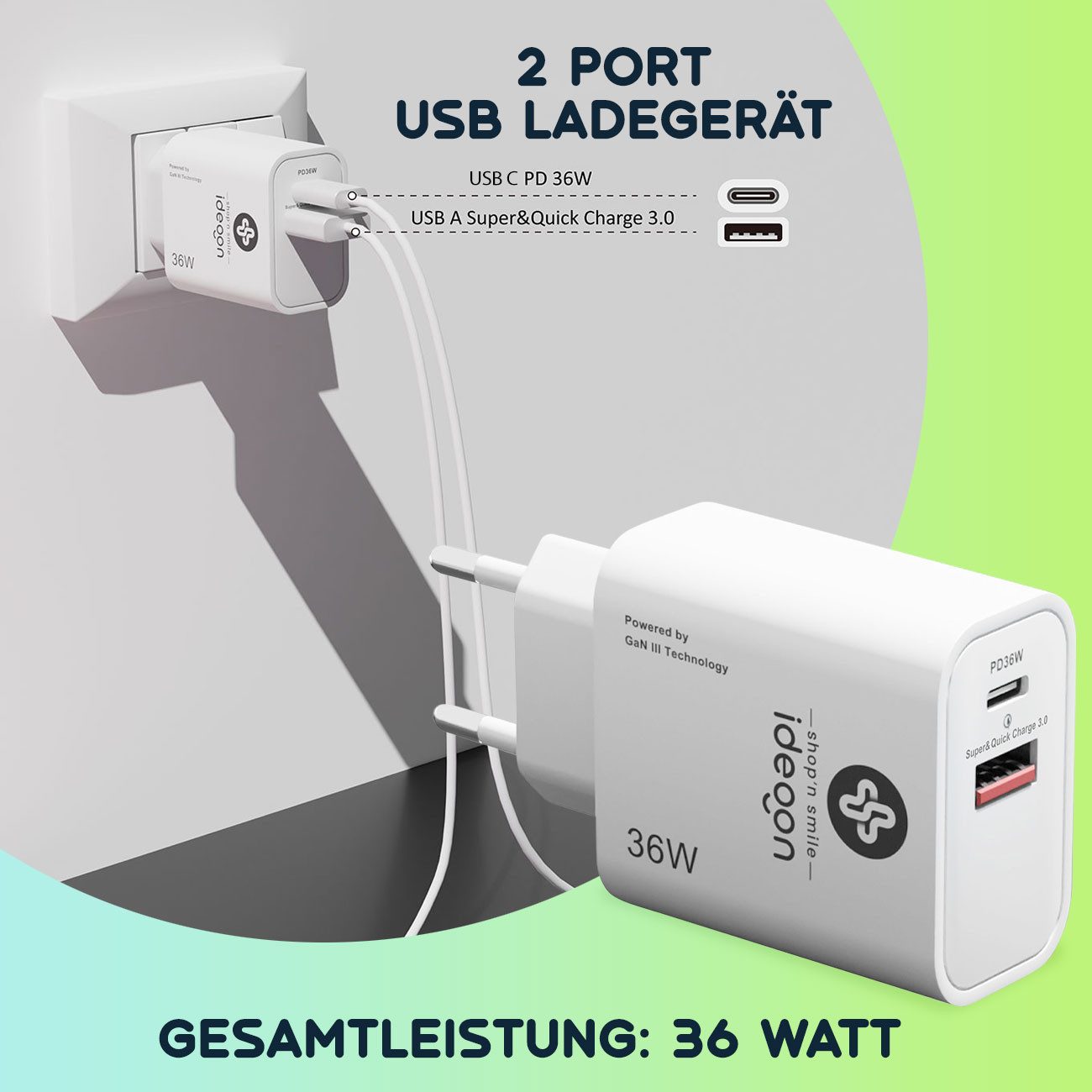 shop'n smile ideoon Dual 36W USB Ladegerät Schnellladegerät USB-C & USB-A GaN III Smartphone-Ladegerät (1-tlg., 1er/2er/3er-Set, USB-Ladestecker/GaN III Technologie & USB-C PD Schnelllader)