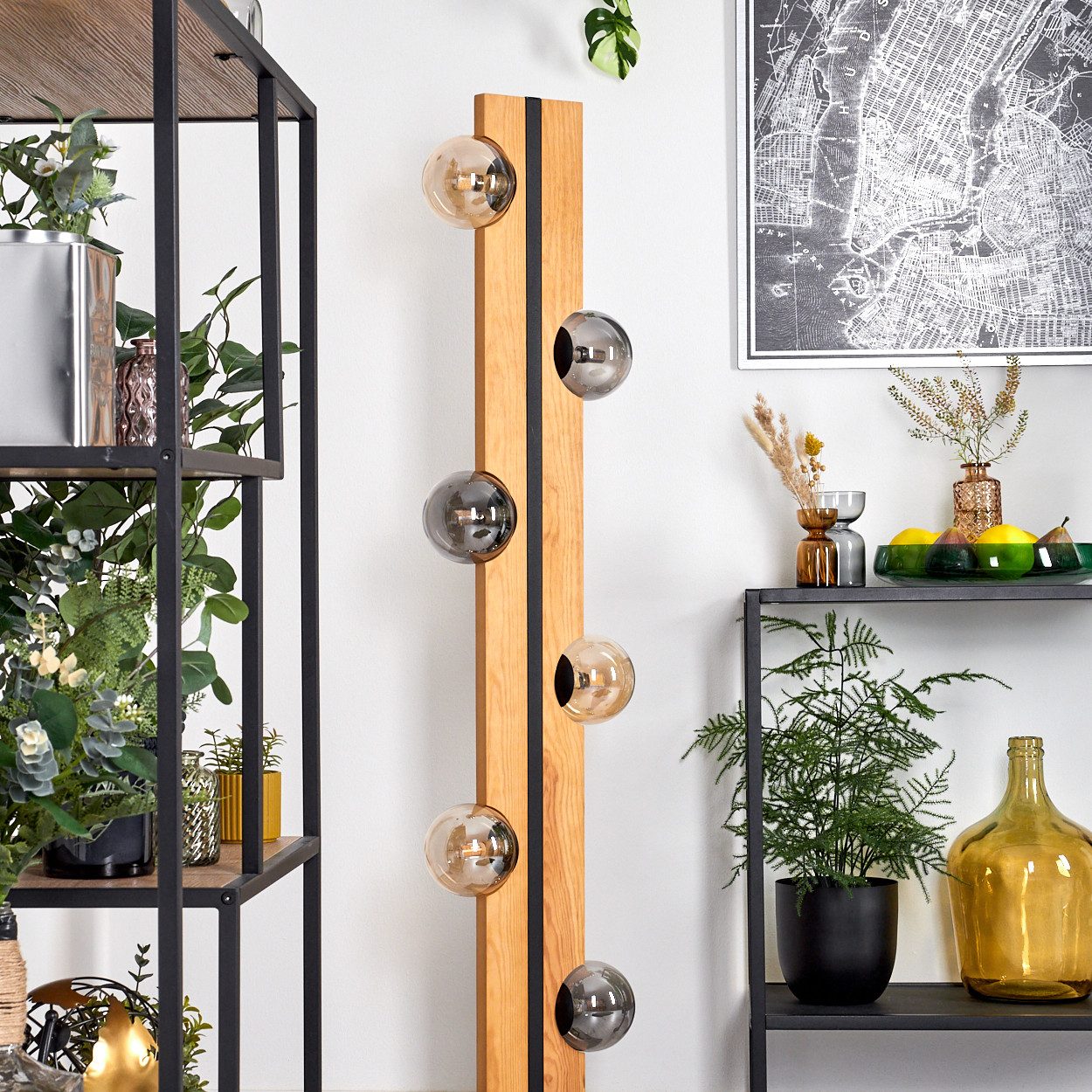 hofstein Stehlampe Stehlampe aus Holz/Metall/Glas in Natur/Schwarz/Bernstein/Rauch, ohne Leuchtmittel, Stehleuchte im Retro/Vintage-Design mit Glasschirmen, 120 cm, 6 x G9