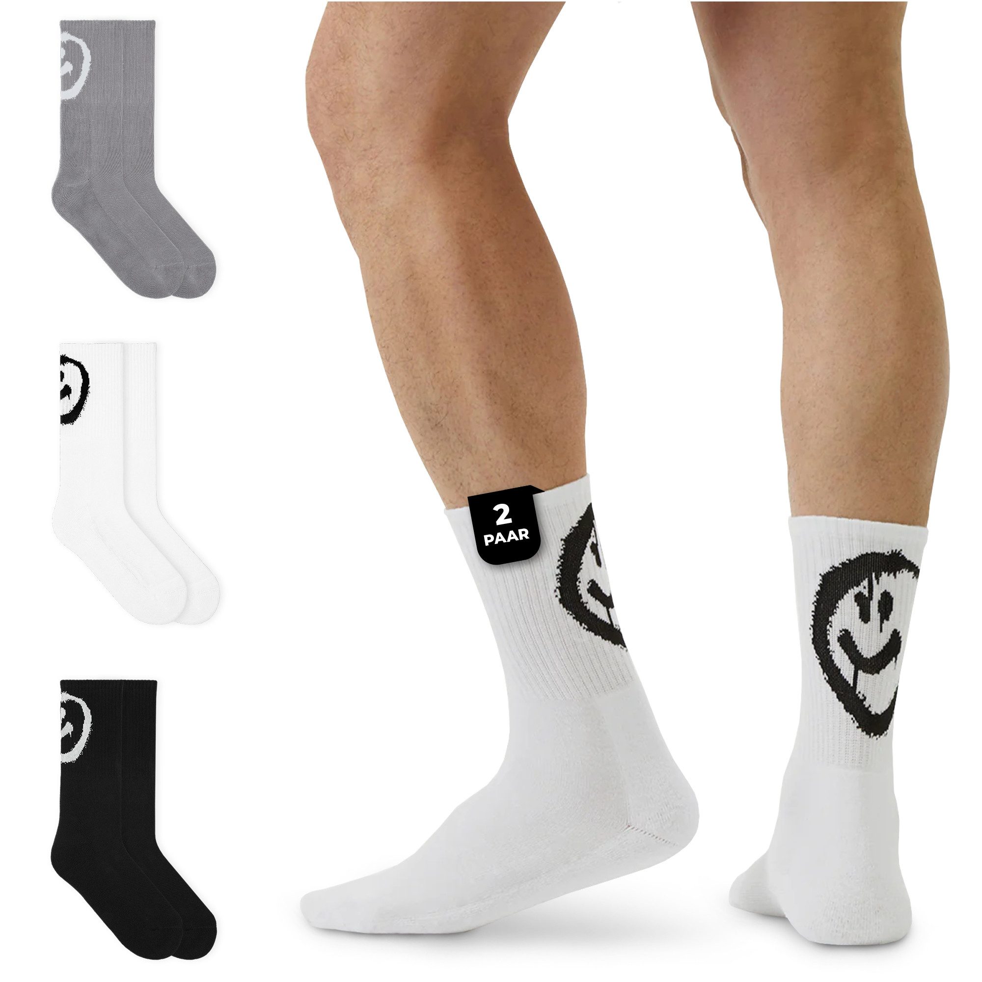 von Jungfeld Tennissocken Smiley Bio-Baumwolle 35-46 Unisex (2-Paar, 2er-Pack) Hohe Sportsocken aus Bio-Baumwolle für Damen & Herren