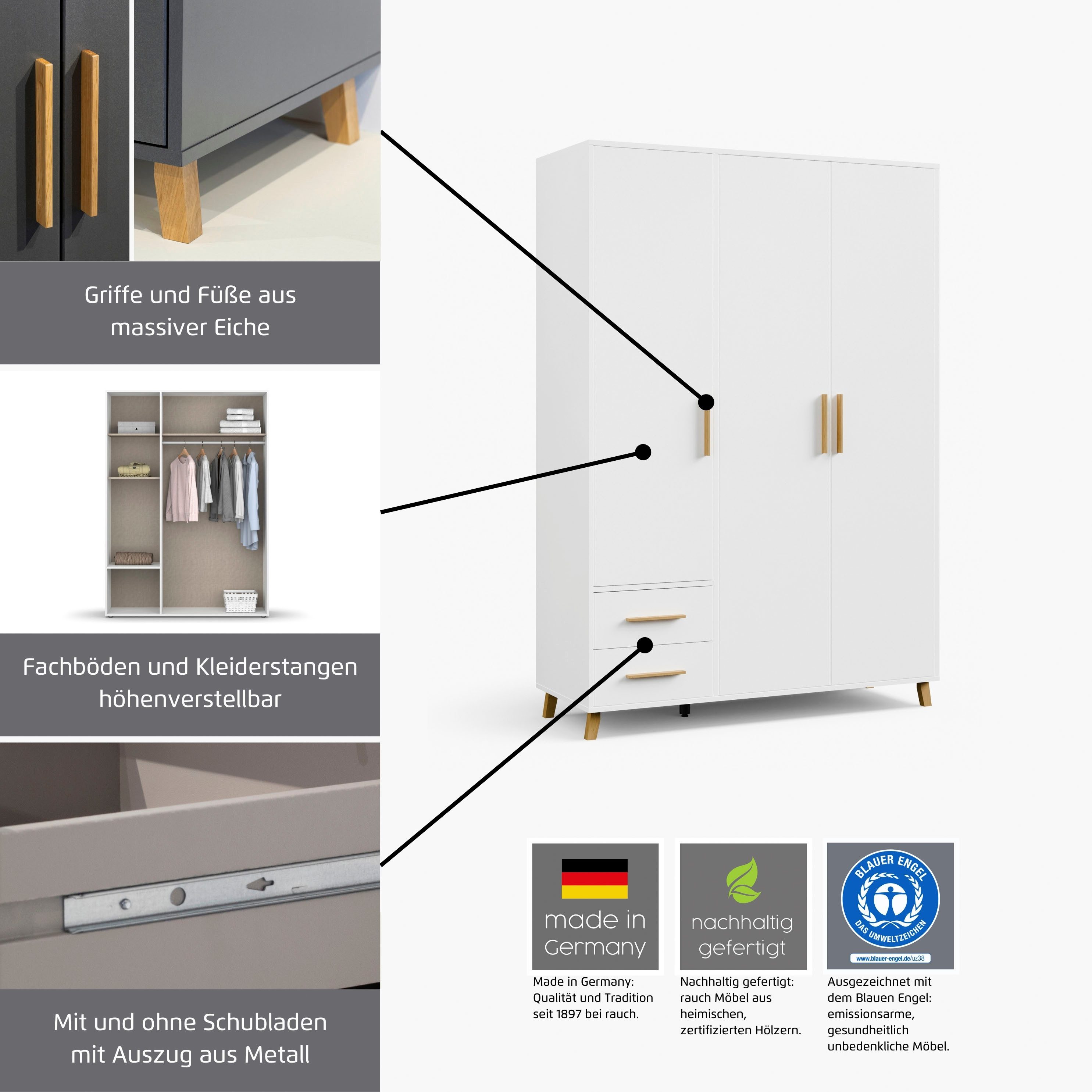 rauch Drehtürenschrank Kleiderschrank Schrank Garderobe SHINJO Breiten 93/140/187 cm (in 3 verschiedenen Ausstattungen BASIC/CLASSIC/PREMIUM) Griffe und Füße au – Bild 5 von 5