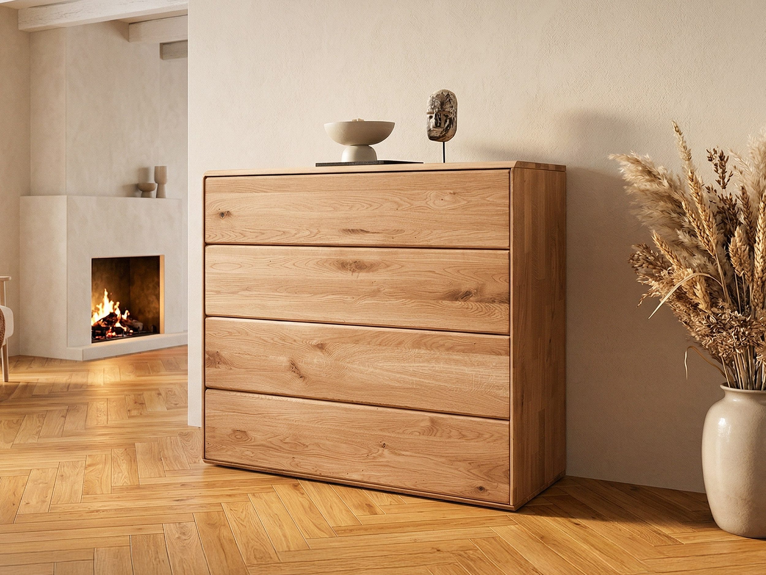 Massivart® Kommode 100 cm Breite 4 Schubladen Wildeiche massiv geölt »SKOV«, Massivholz · griffloses Design · Tip-on-Funktion · viel Stauraum
