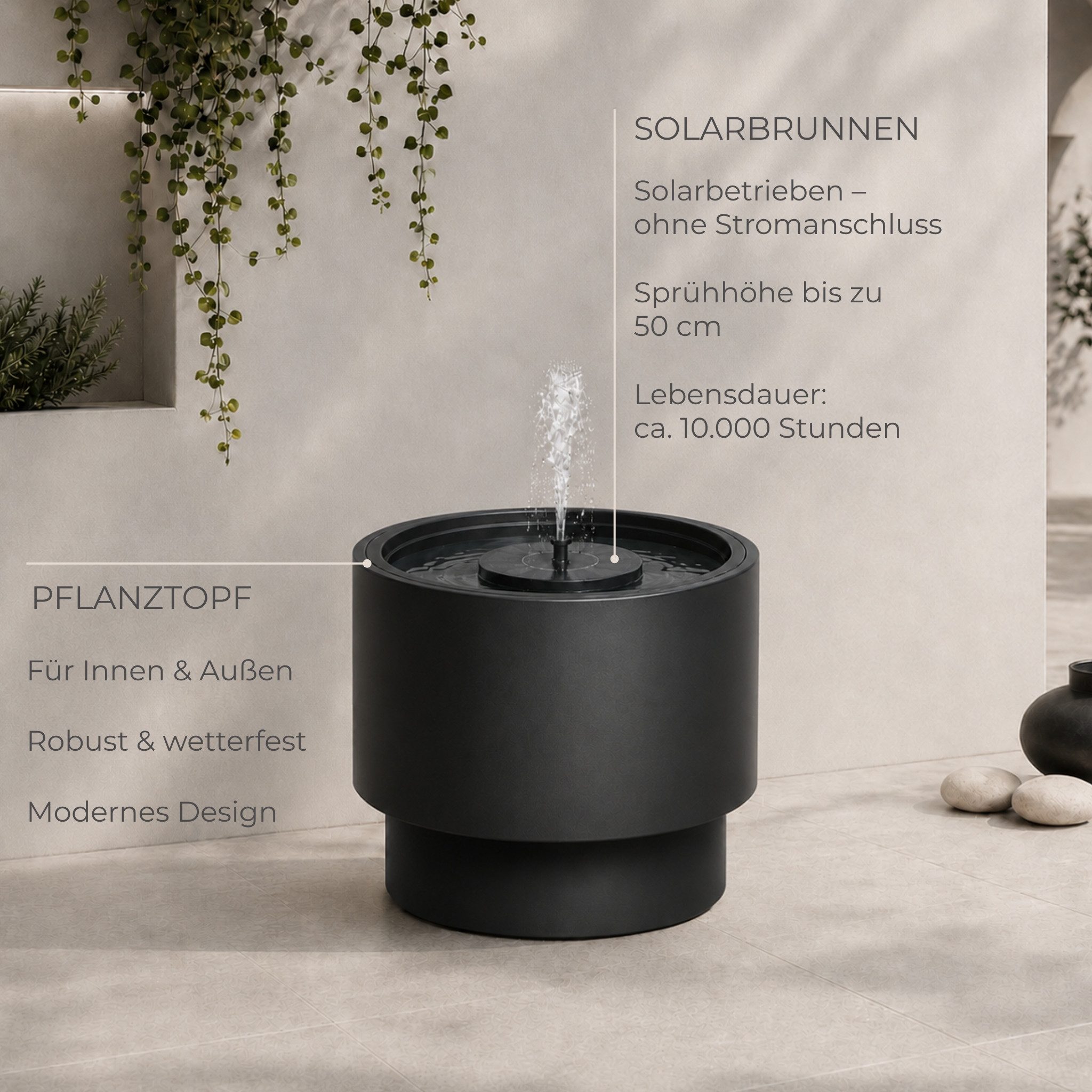 matches21 HOME & HOBBY Wasserspiel Solarbrunnen Outdoor Set mit großer Ø 47x30 cm Schale weiß, Solar-Fontäne Garten Balkon Zierbrunnen Wasserspiel
