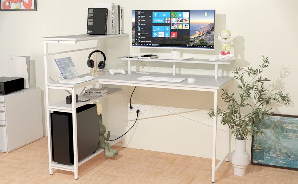 JEOBEST Computertisch Schreibtisch Gaming Tisch mit Regal, (1-St), Computertisch L Form, PC Tisch für Büro, Heimbüro