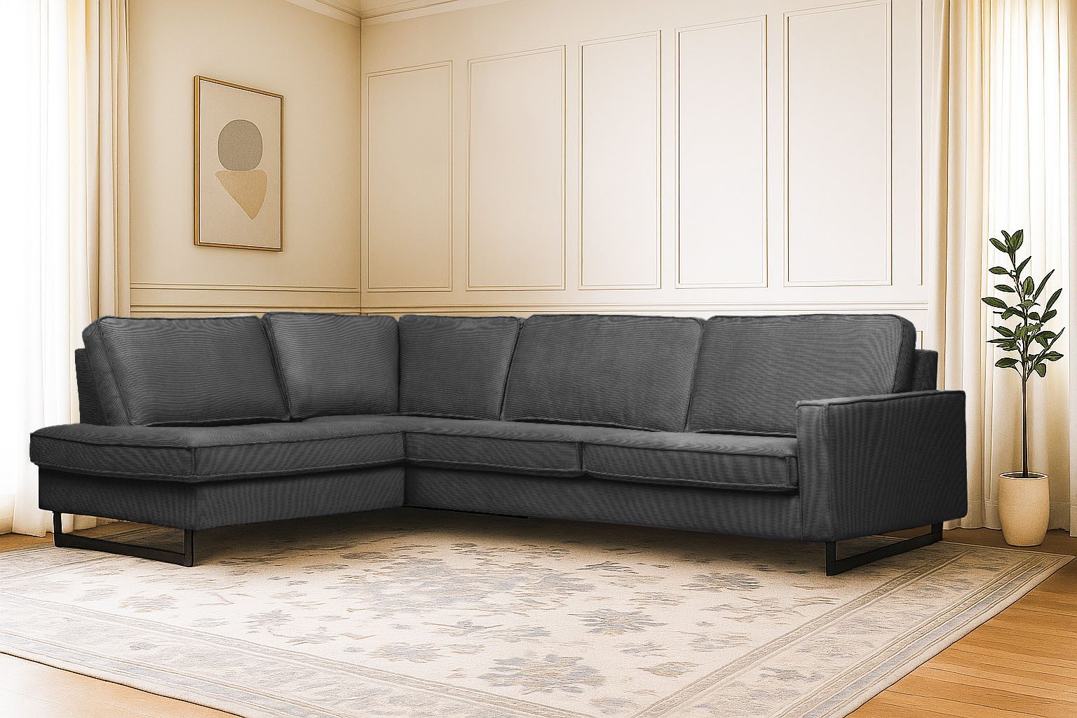 Home affaire Ecksofa Pinto, 290 cm, Cord, Chenille, Lederoptik, Ottomane links / rechts, mit Keder, schwarze Metallfüße, Wellenunterfederung