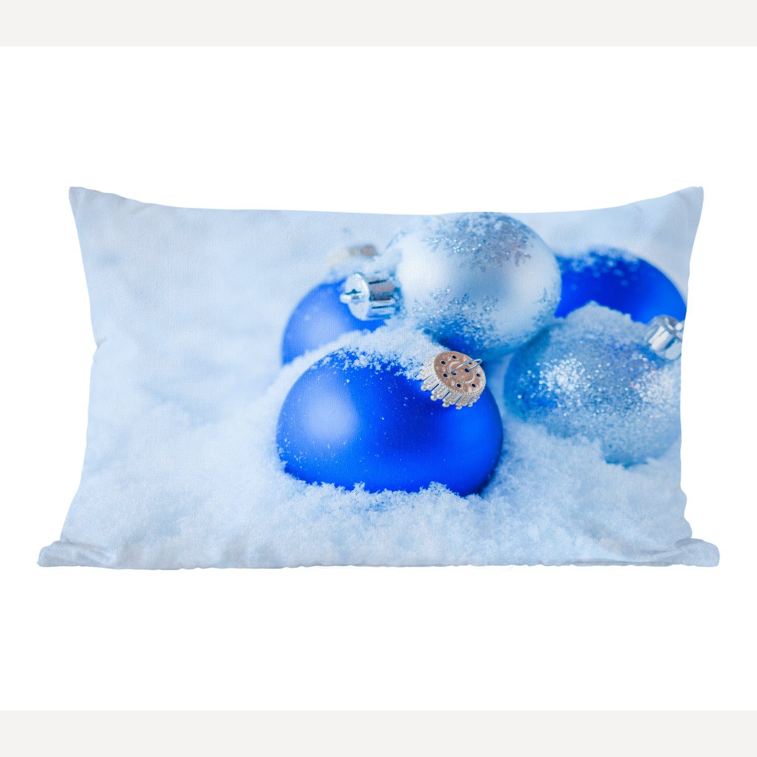 MuchoWow Dekokissen Eine Reihe von blauen und silbernen Kugeln liegen im Schnee, Wohzimmer Dekoration, Zierkissen, Dekokissen mit Füllung, Schlafzimmer | Dekokissen