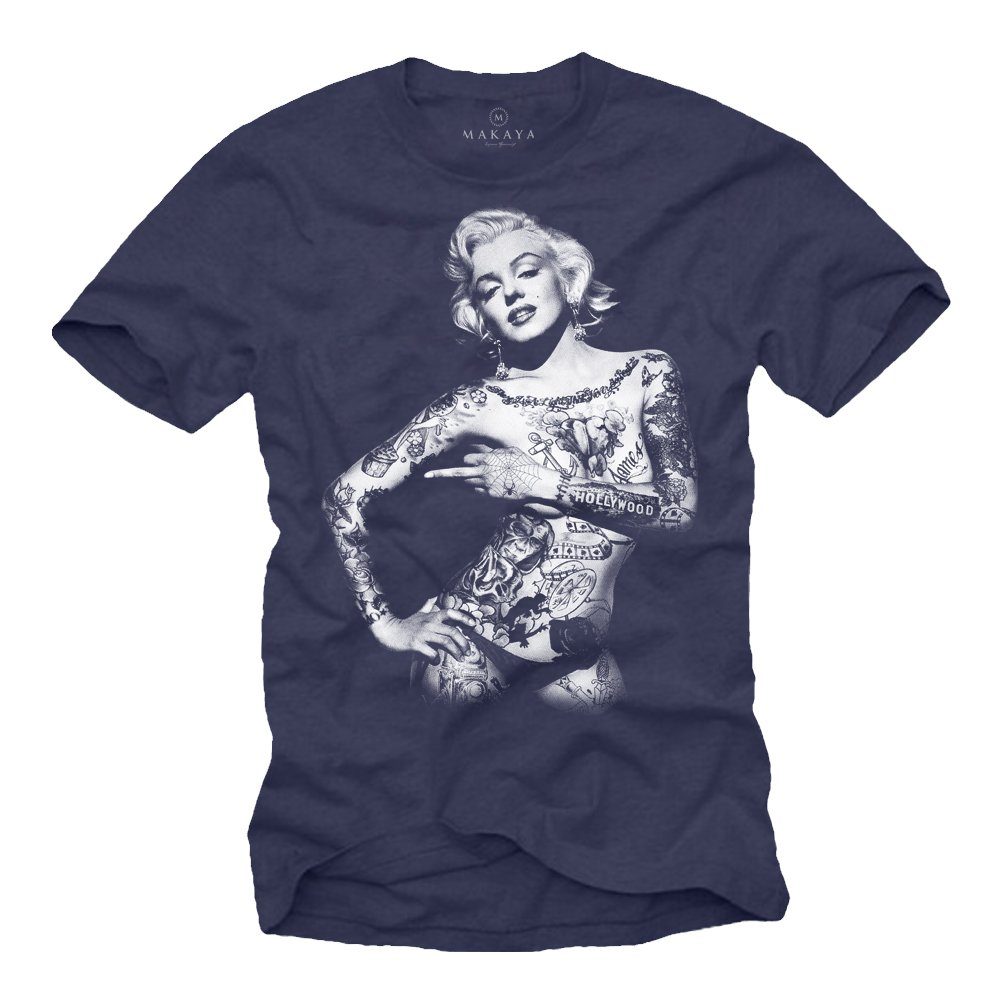 Druck, Baumwolle Aufdruck mit Motiv Vintage Männer Marilyn - T-Shirt mit Tattoo aus Blau MAKAYA Print-Shirt