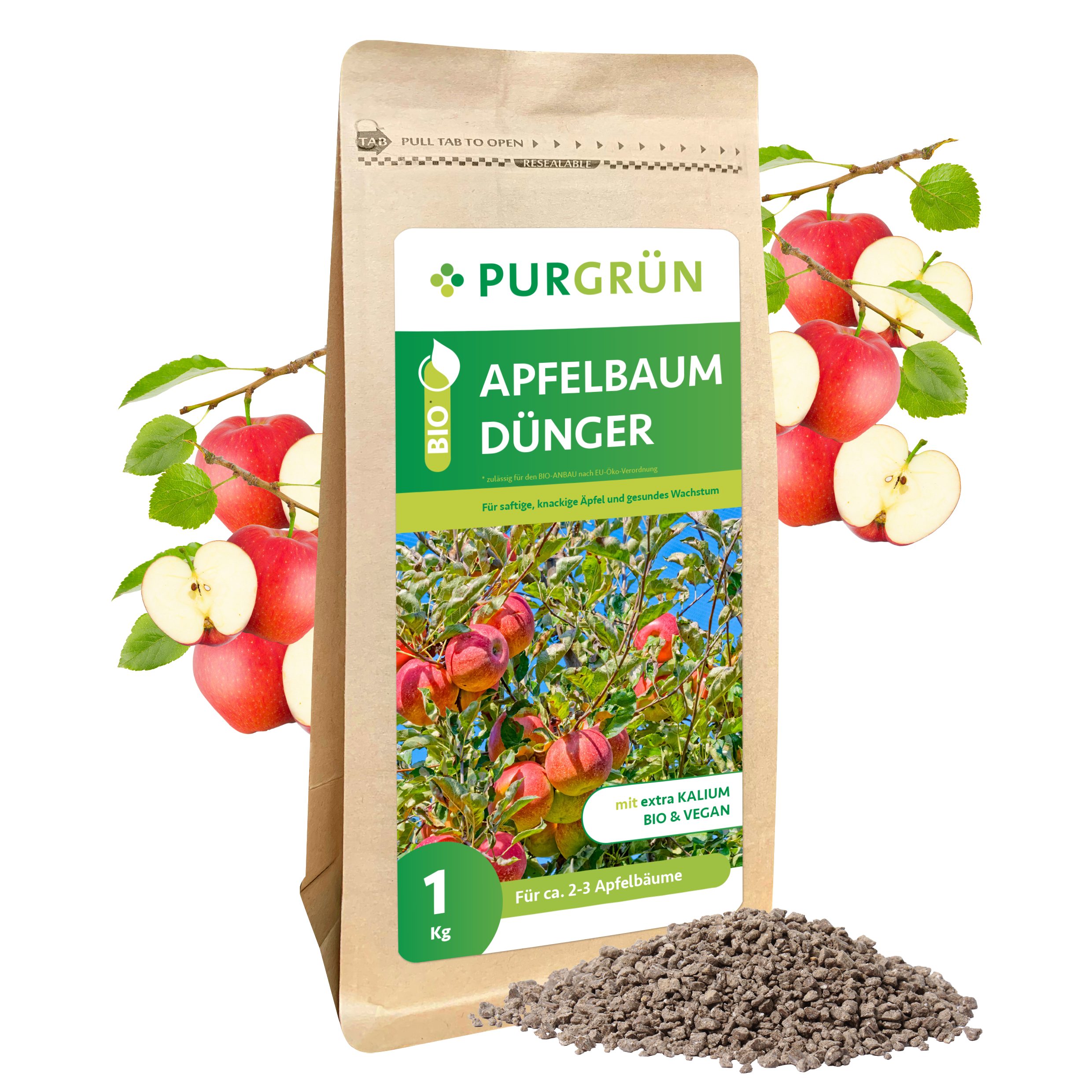 Obstdünger Purgrün Bio Apfelbaum Dünger, NPK 6+3+8, Magnesium, 1 kg