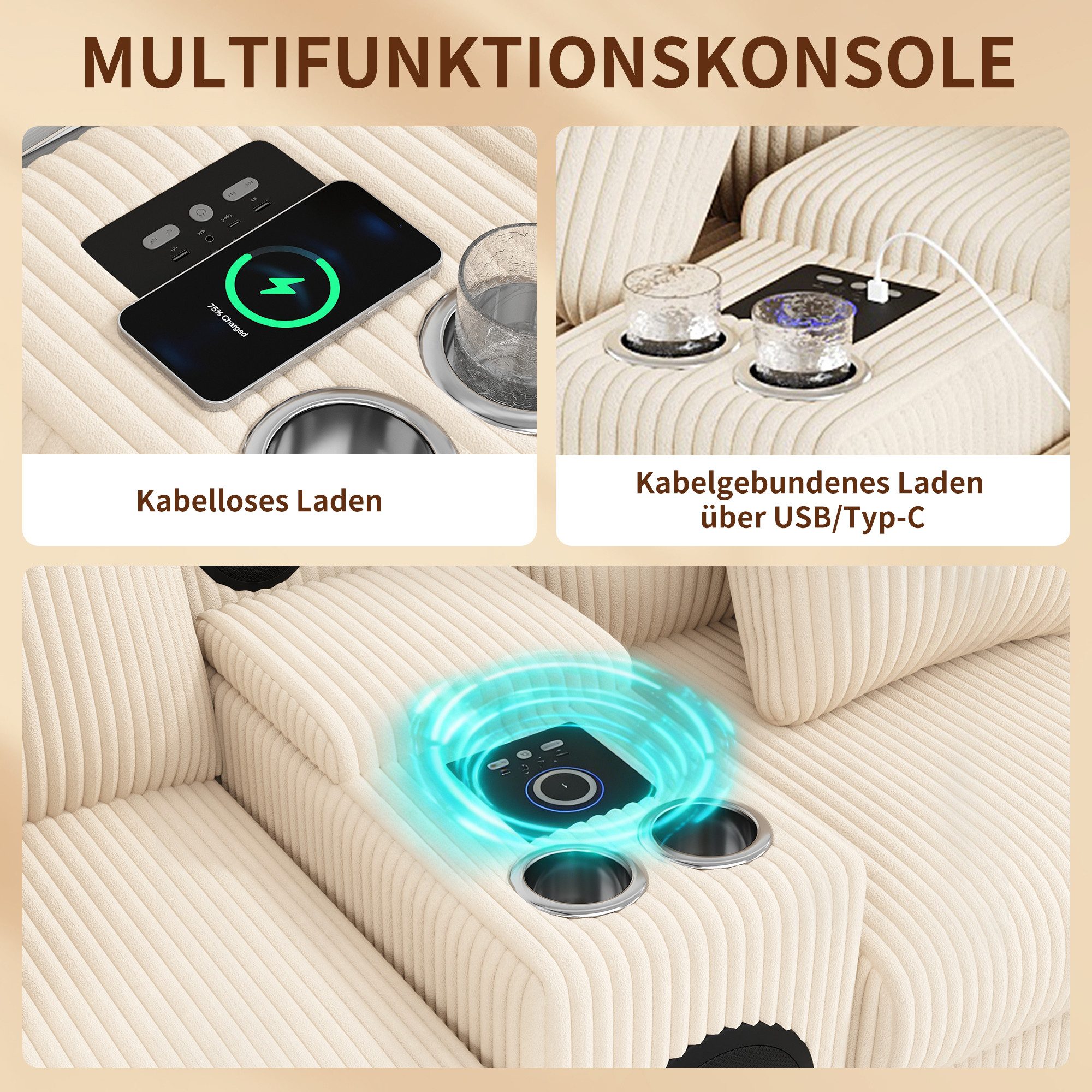 i@home 4-Sitzer U- und L-förmiges Sofa, mit Bluetooth-Lautsprecher,kabellosem Laden, USB, Getränkehaltern