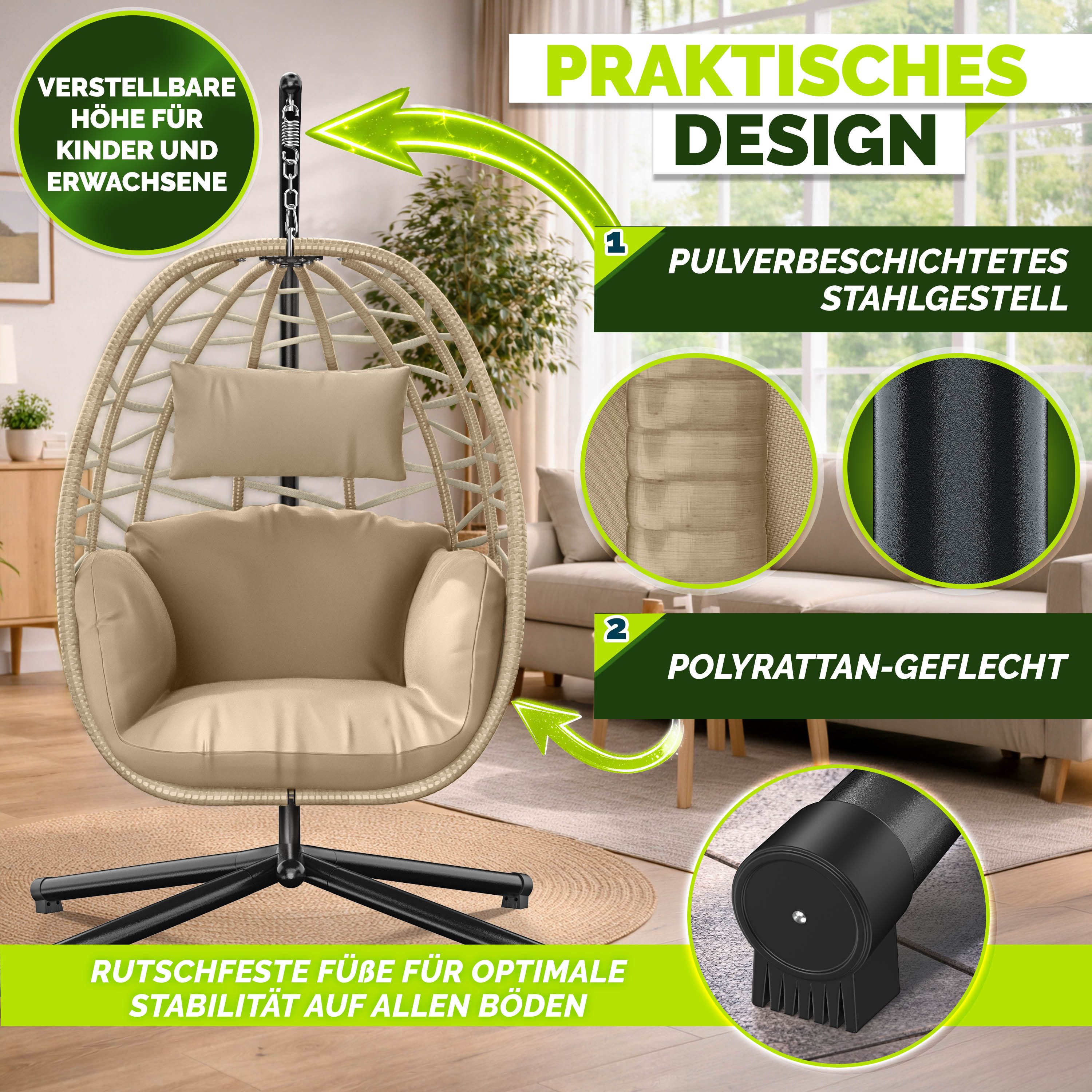tillvex Hängesessel tillvex® Swivo Hängesessel mit Gestell inkl. wetterfester Abdeckung (Hängekorb klappbar bis 150 kg, Hängesitz aus Rattan, Hängestuhl für Ind – Bild 5 von 5