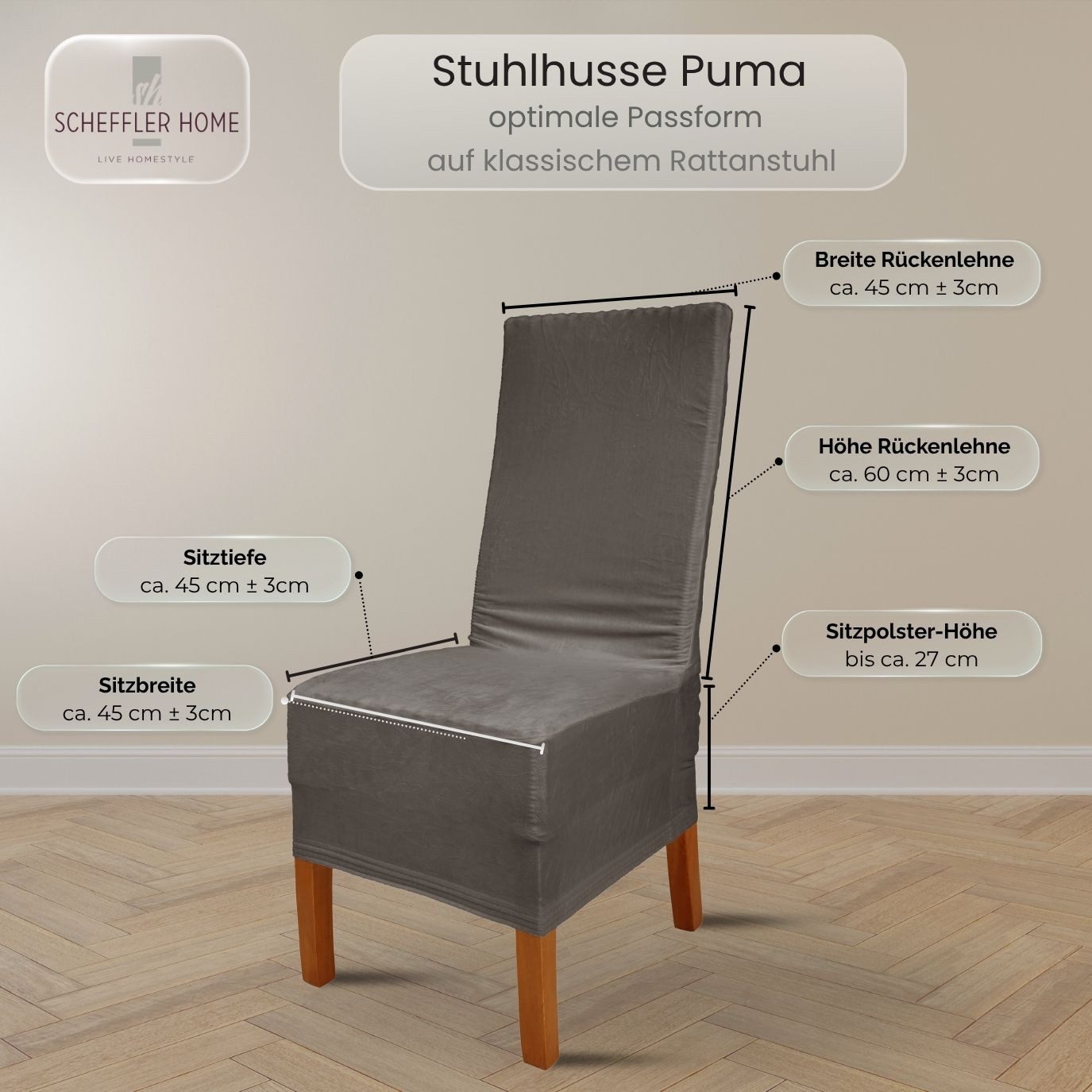 sh SCHEFFLER-HOME LIVE HOMESTYLE Stuhlhusse VelvetFit Puma – elastischer Stuhlbezug, für große Stühle, Samt-Optik, Idealmaße 46×66 cm Rückenlehne