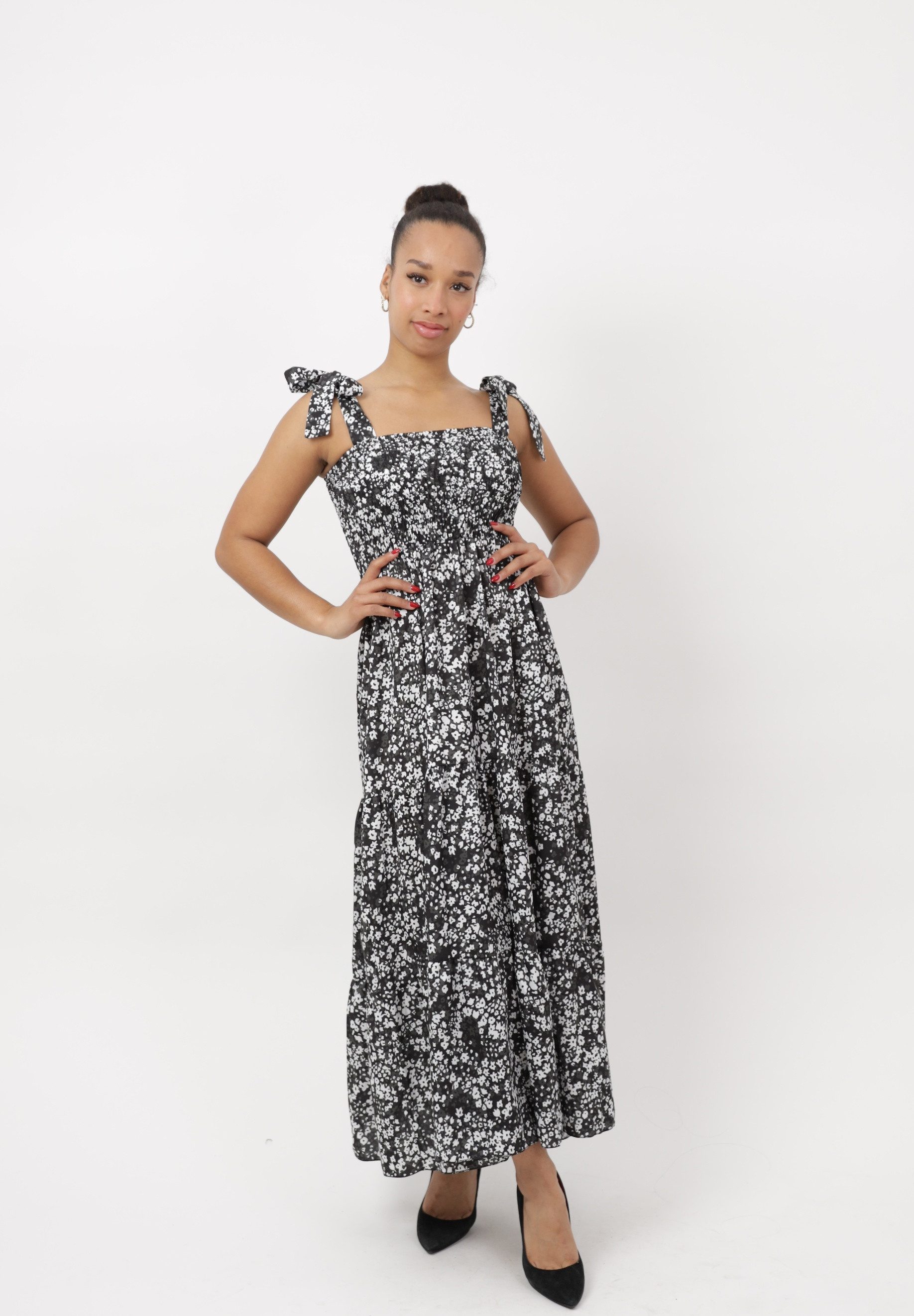 Elara Maxikleid Damen Maxikleid mit Blumenmuster und Schleifenträgern (1-tlg)