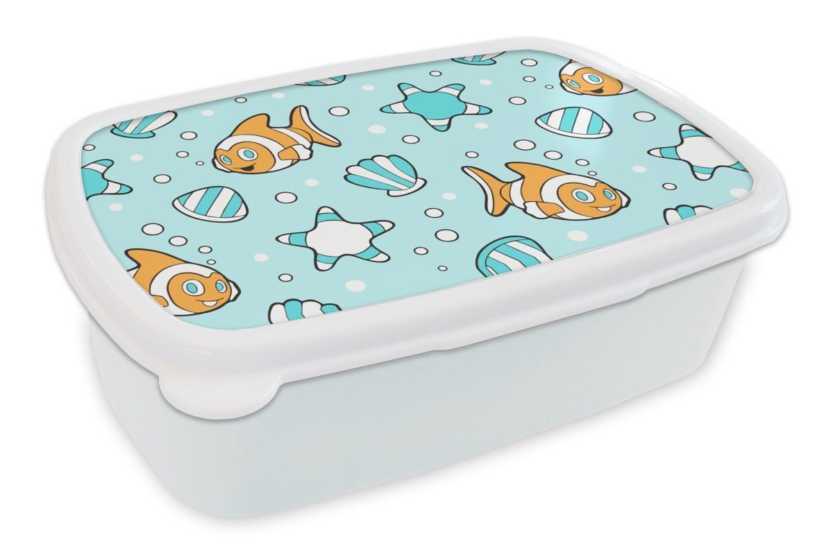 MuchoWow Lunchbox Muster - Clownfisch - Meer - Tiere, Kunststoff, (2-tlg), Brotbox für Kinder und Erwachsene, Brotdose, für Jungs und Mädchen weiß