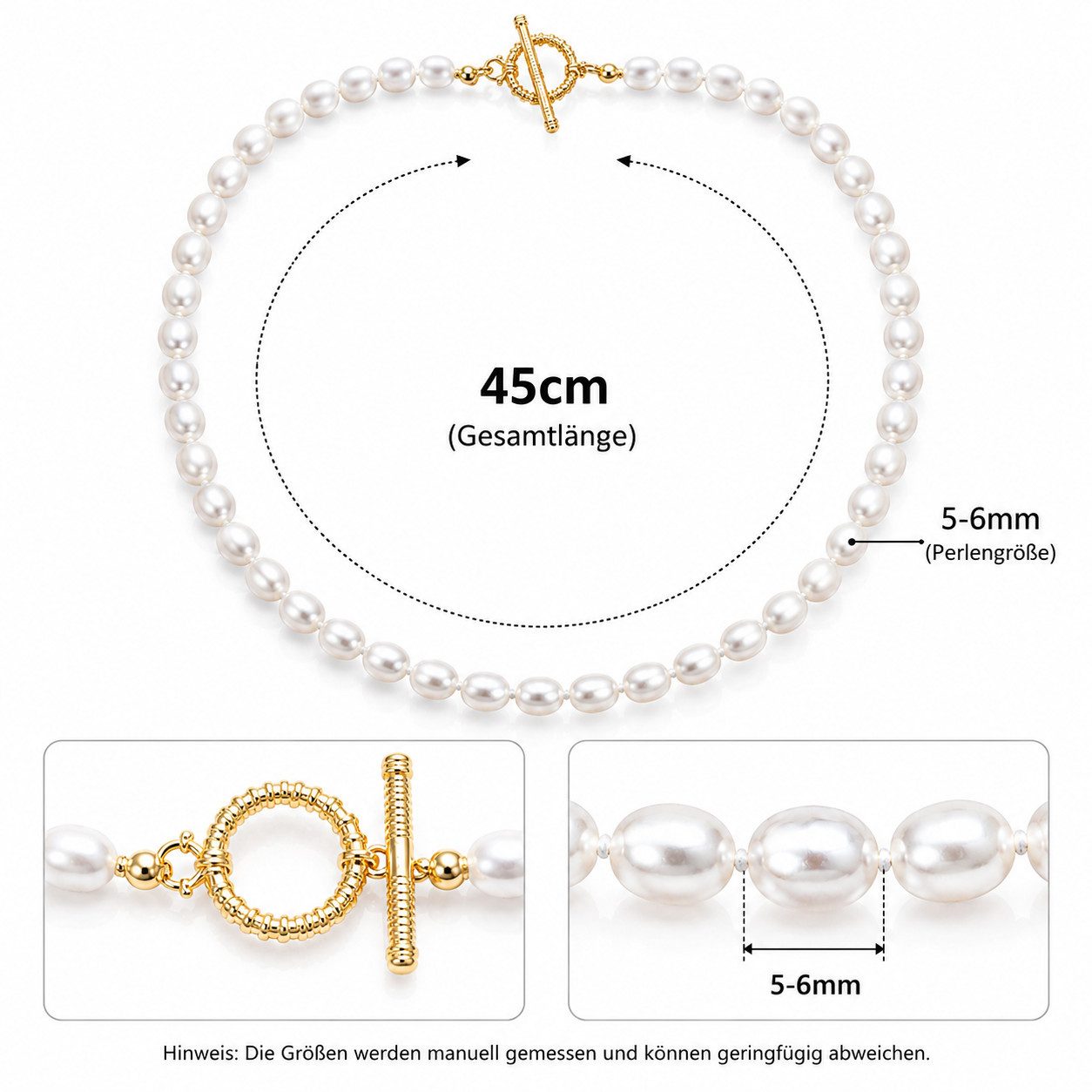 MOPUEA Perlenkette Perlen Halskette Damen aus Süßwasserperlen 45 cm (Set, 1-tlg., Elegante Perlenkette in Goldoptik mit klassischem Design), Halskette für Fraue – Bild 2 von 5