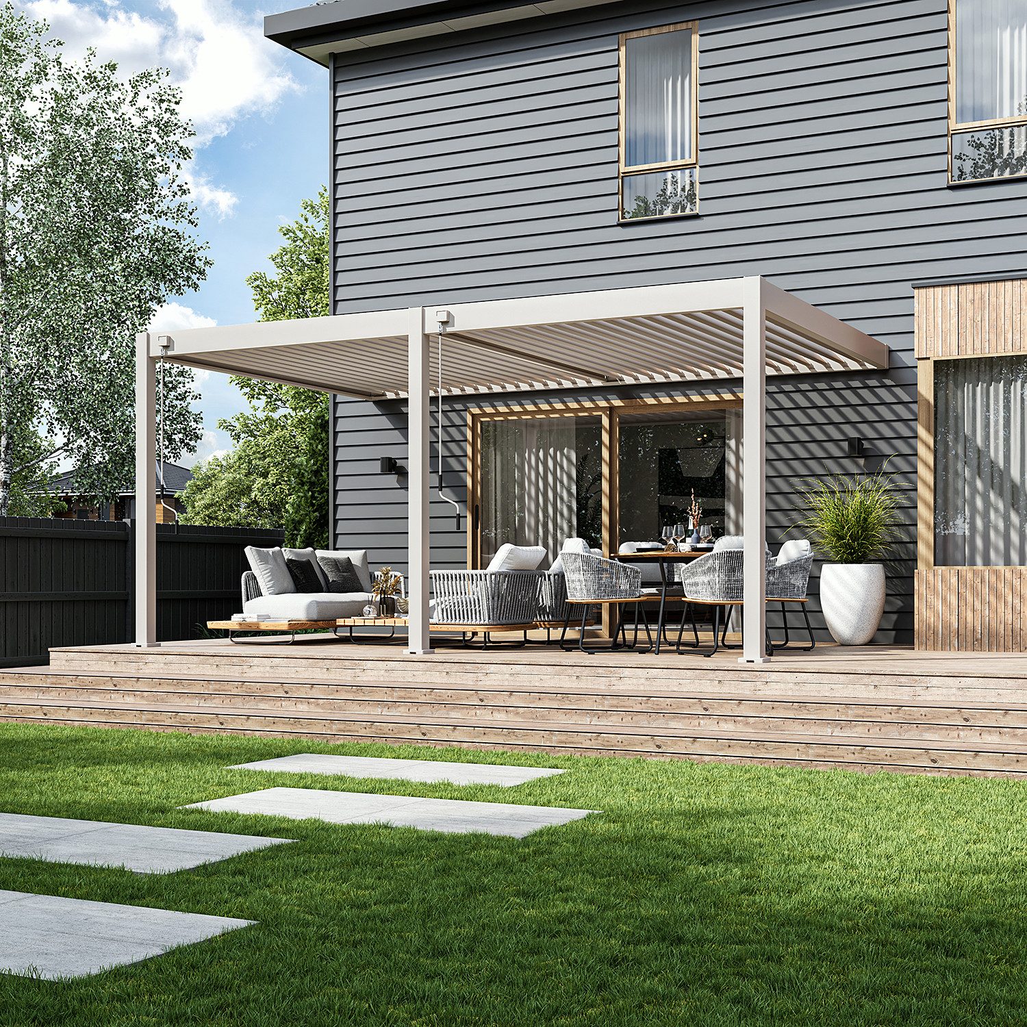 Weide Pergola Deluxe Wand Pavillon Terrassenüberdachung Aluminium 3,6x5,3 M sand, BxTxH: 530x360x255 cm, (Hochwertigstes Aluminium & verzinkte Stahl-Lamellen, Komplettset)