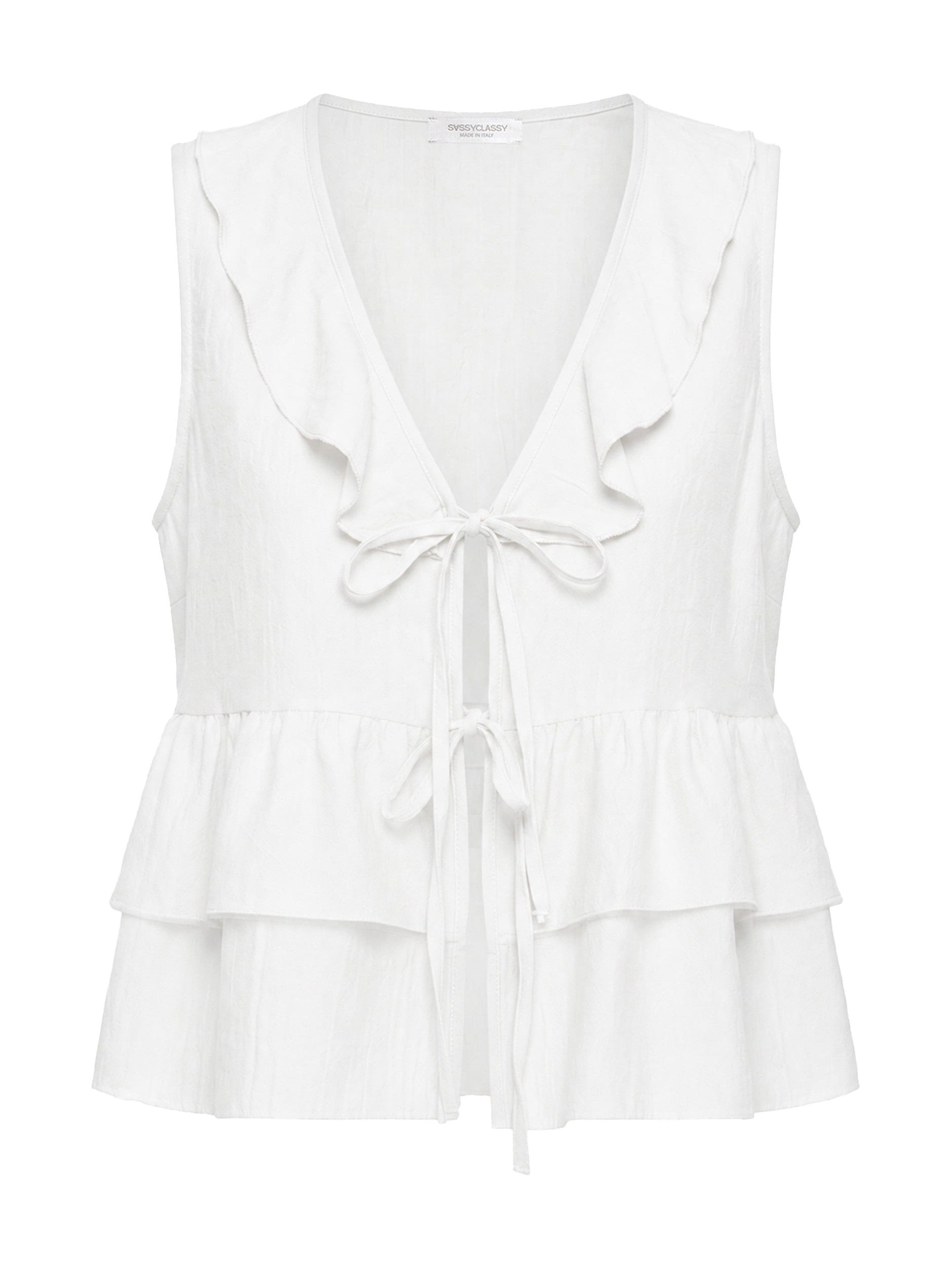 SASSYCLASSY Langarmbluse Ärmellose Volant Bluse für Damen Luftige Viskose Bluse mit Bindebändern und V-Ausschnitt Weiß
