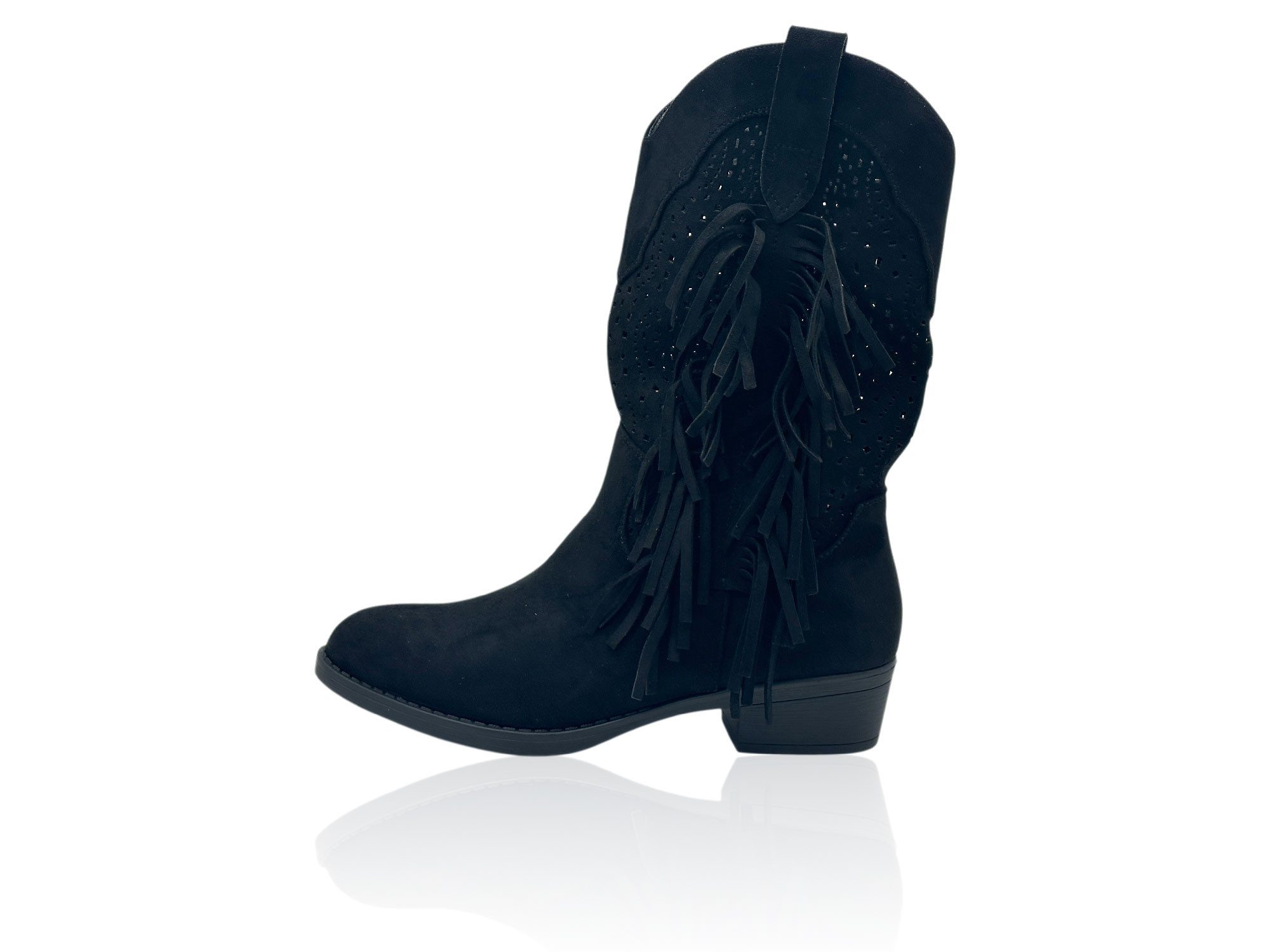 Nowaland Damen Western Stiefelette mit Fransen und Lochmuster Stiefelette Weiche Veloursleder-Optik mit stabilem Blockabsatz