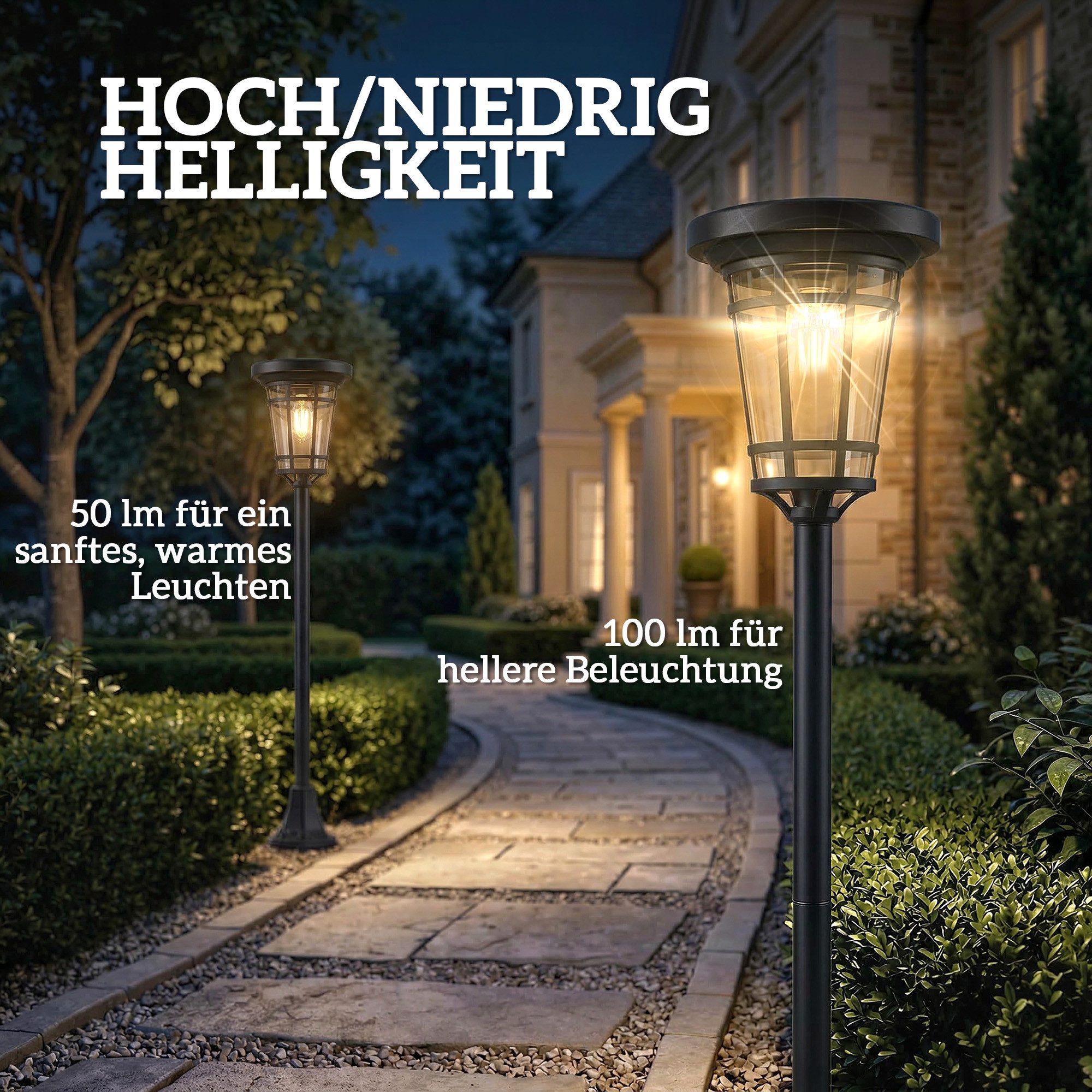 Outsunny Außen-Stehlampe Solar Laterne 2er-Set 180cm Höhenverstellbar Gartenlaterne, mehrere Helligkeitsstufen, Sensorgesteuert, Wetterfest, LED fest integriert – Bild 5 von 5
