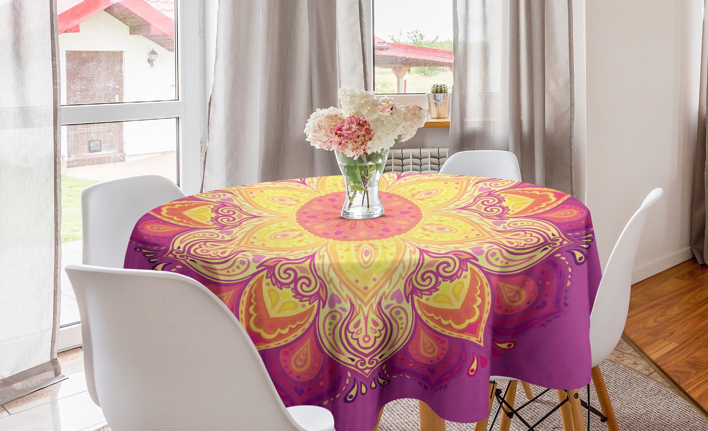 Abakuhaus Tischdecke Kreis Tischdecke Abdeckung für Esszimmer Küche Dekoration, Regenbogen-Mandala Petals