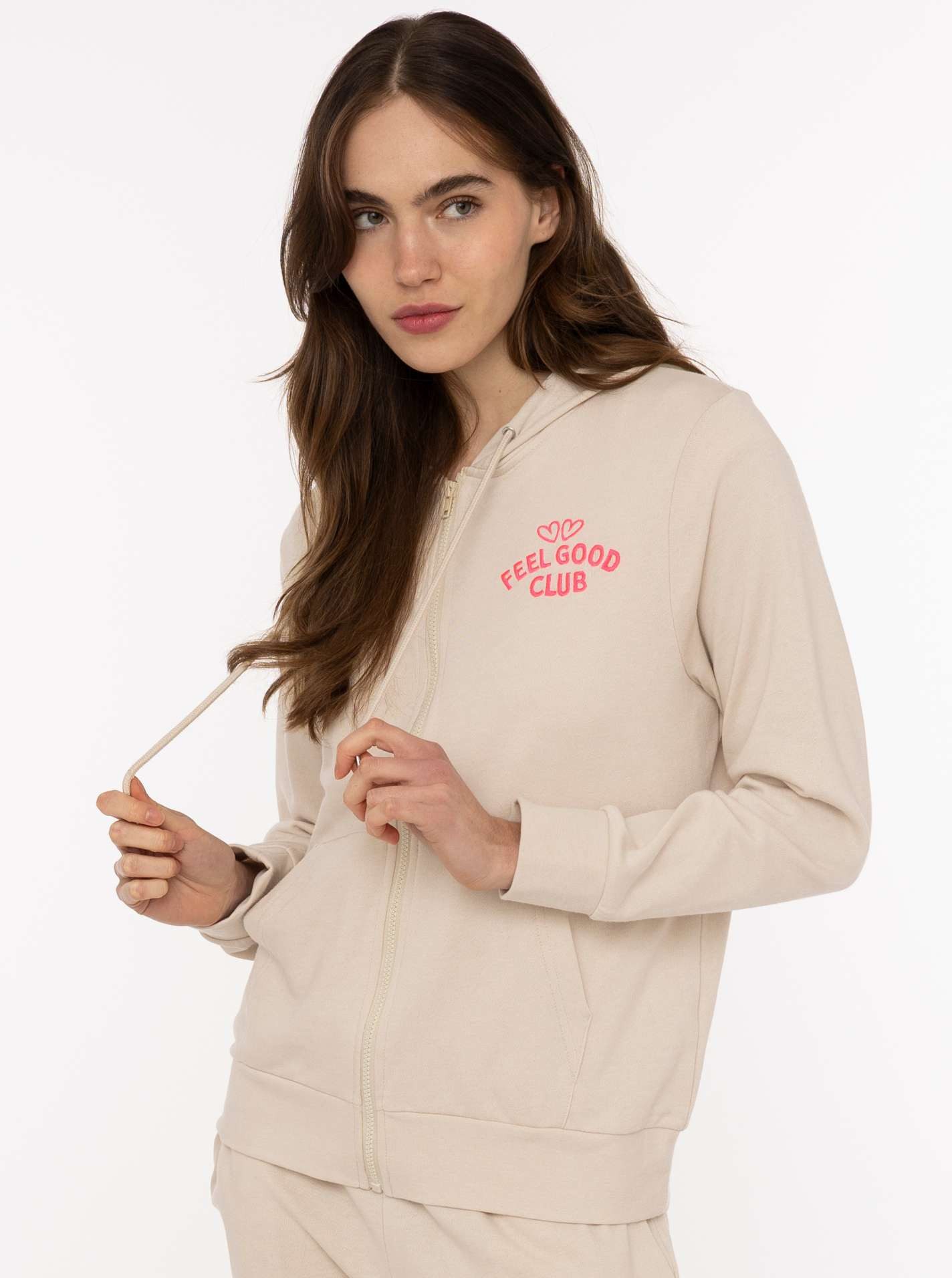 Zwillingsherz Kapuzensweatjacke "Feel Good Club" Kapuze, zum Binden, Taschen, kleine Stickerei vorne