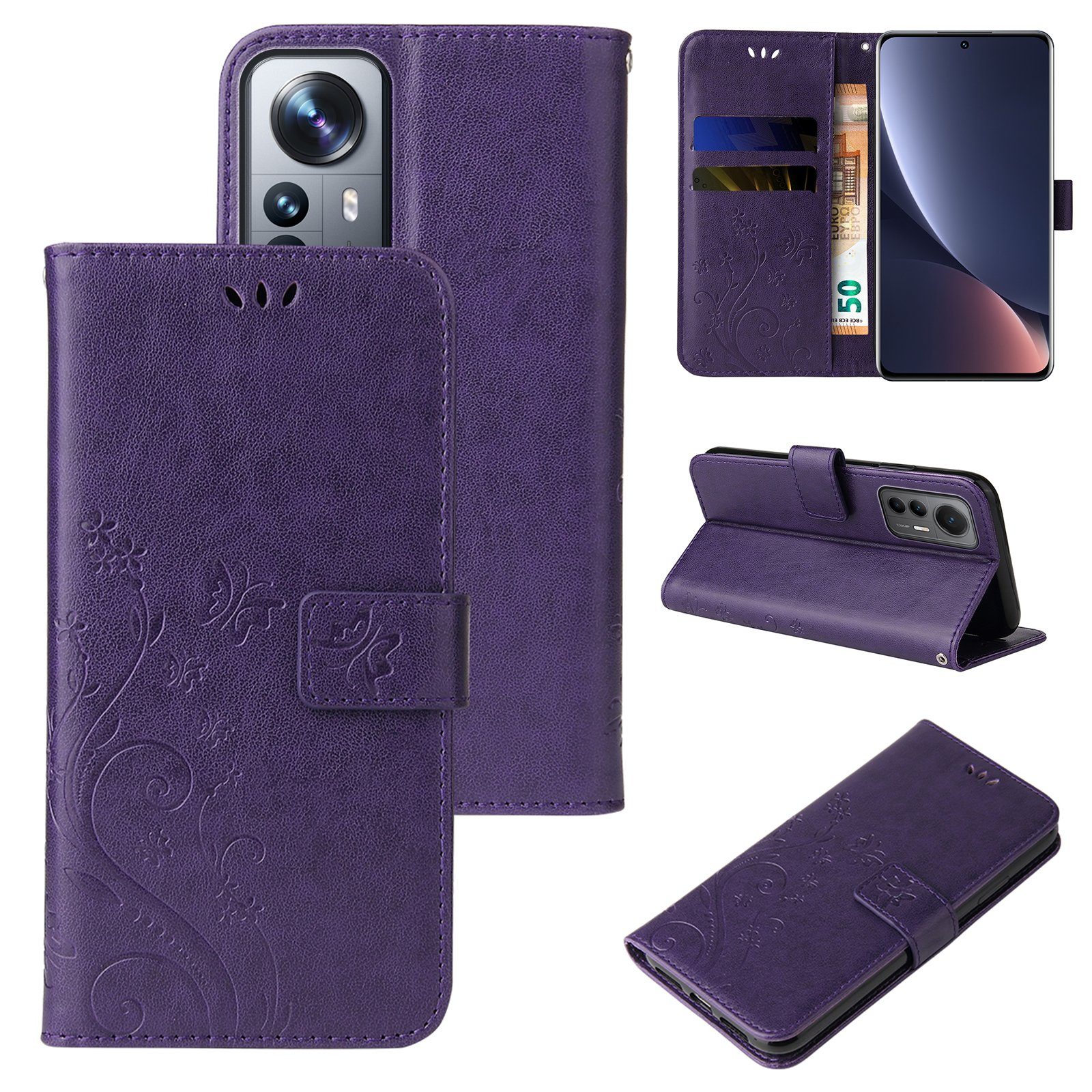 Tec-Expert Handyhülle Cover Tasche Hülle für Xiaomi 12 Pro 6,73 Zoll, Klapphülle Case mit Kartenfach Fliphülle aufstellbar, Motiv Blumen