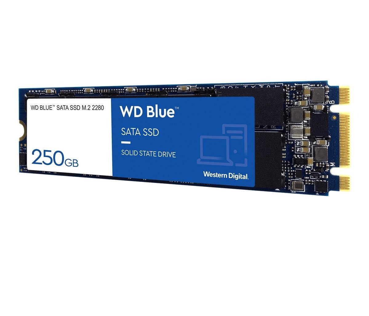 Western Digital WD Blue 250GB SSD M.2 2280 SATA interne SSD (250 GB) M.2" 3300 MB/S Lesegeschwindigkeit, 1200 MB/S Schreibgeschwindigkeit, PCIe Gen3 x4, NVMe, 3D NAND, M.2 2280