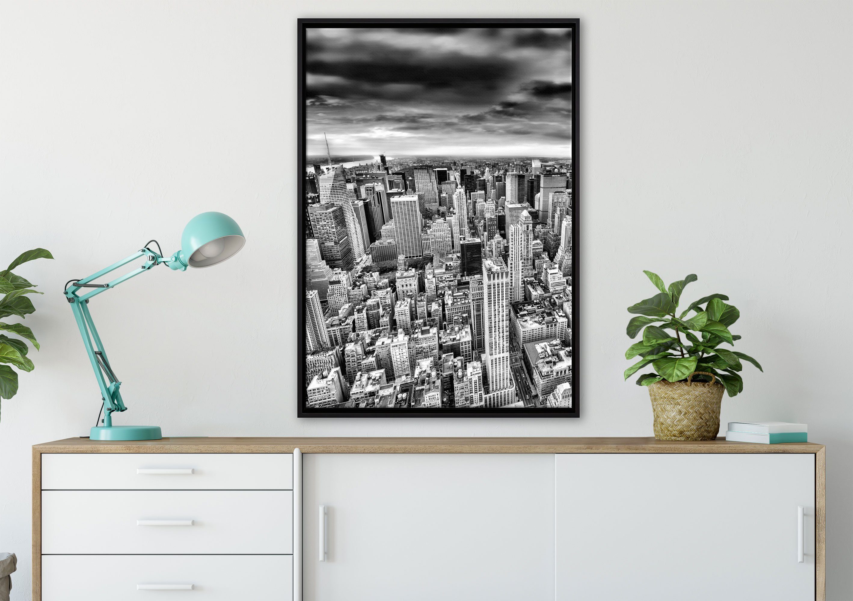 Pixxprint Leinwandbild Skyline New York, gefasst, (1 St), fertig inkl. Wanddekoration Leinwandbild in Schattenfugen-Bilderrahmen bespannt, Zackenaufhänger einem