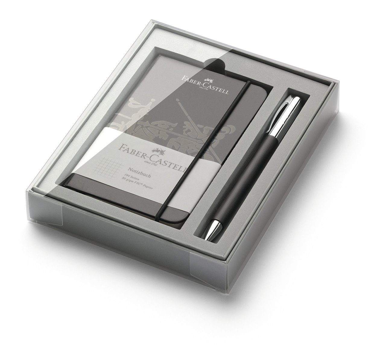 Faber-Castell Kugelschreiber Ambition schwarz Geschenkset, Set inkl. Notizbuch und Herstellung "Made in Germany"