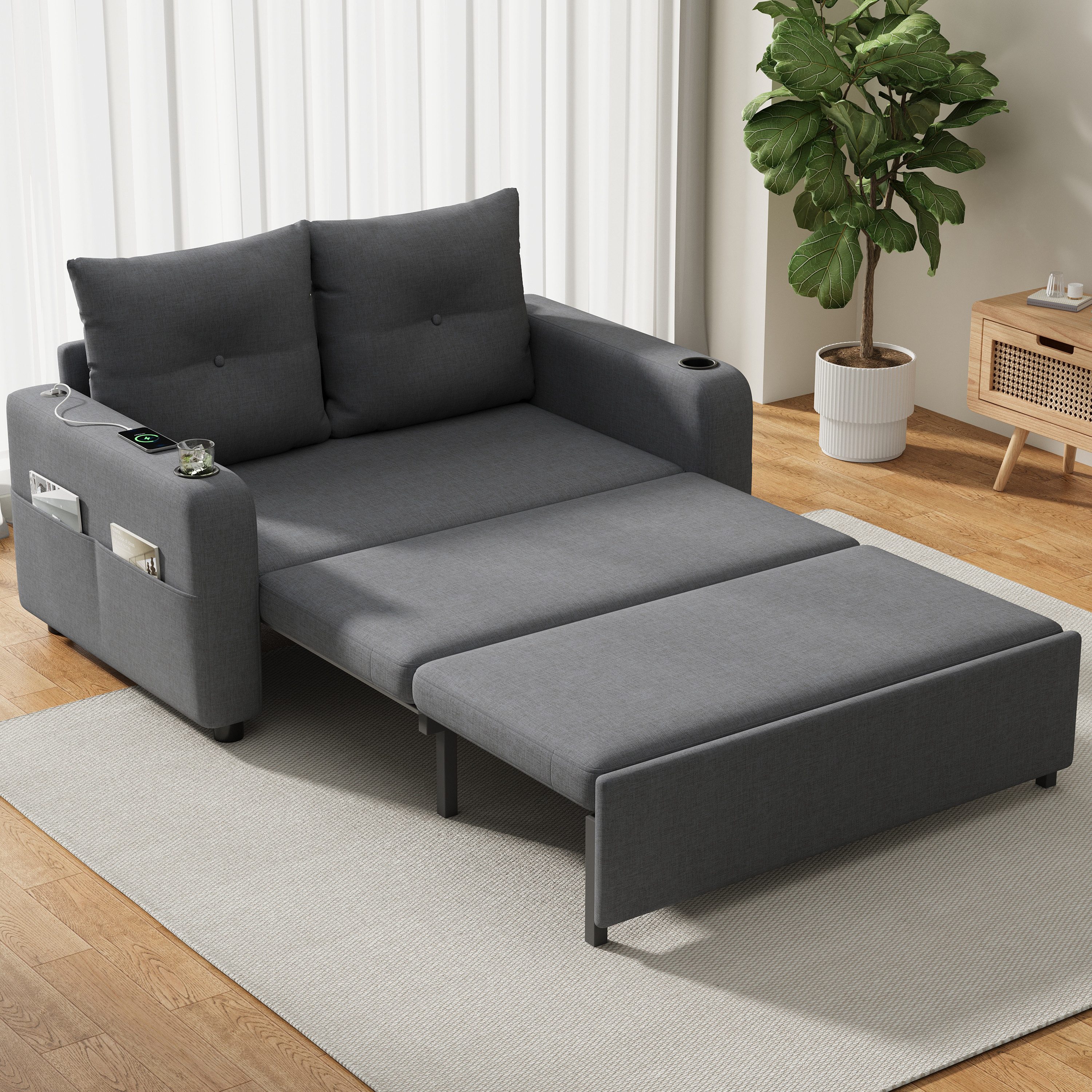 Merax Schlafsofa 3-in-1 Sofa mit ausziehbarem Bett und USB- & Type-C-Anschluss, Modernes Sofa für Wohnzimmer und Schlafzimmer 1 Teile, Doppelsofa Sofabett mit Getränkehaltern, Seitentaschen & Rückenkissen