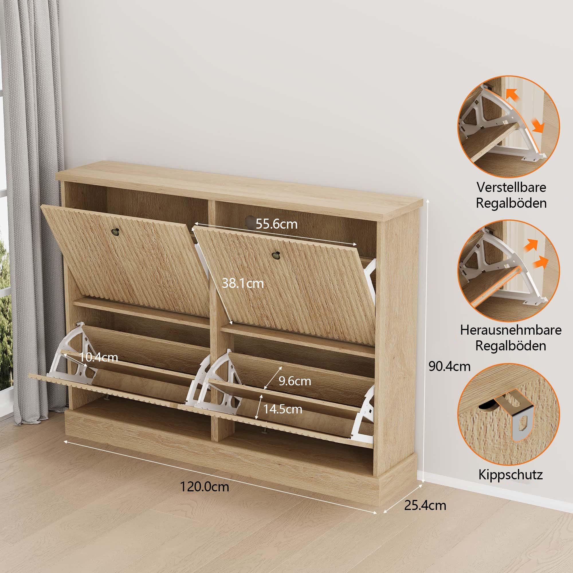 GarveeMore Schuhschrank Moderner Rillenprofil mit 4 Klappschubladen verstellbare Einlegeböden (1-St) 120x25x90cm Versteckter Schuhstauraum Schuhregal für 18–24 Paar Schuhe