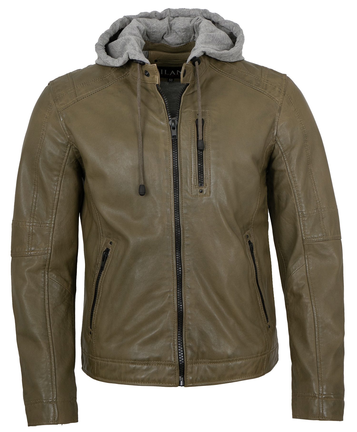 Jilani Lederjacke Harland-4 Jilani - Herren Lederjacke Kapuze Lammnappa olive