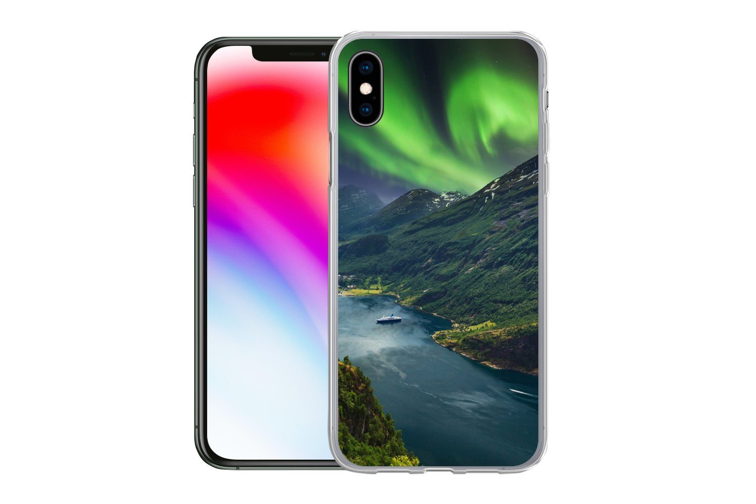 MuchoWow Handyhülle für Apple iPhone XS Nordlichter - Berg - Boot - Norwegen, Smartphone-Bumper, Print, Handy Schutzhülle Dünn