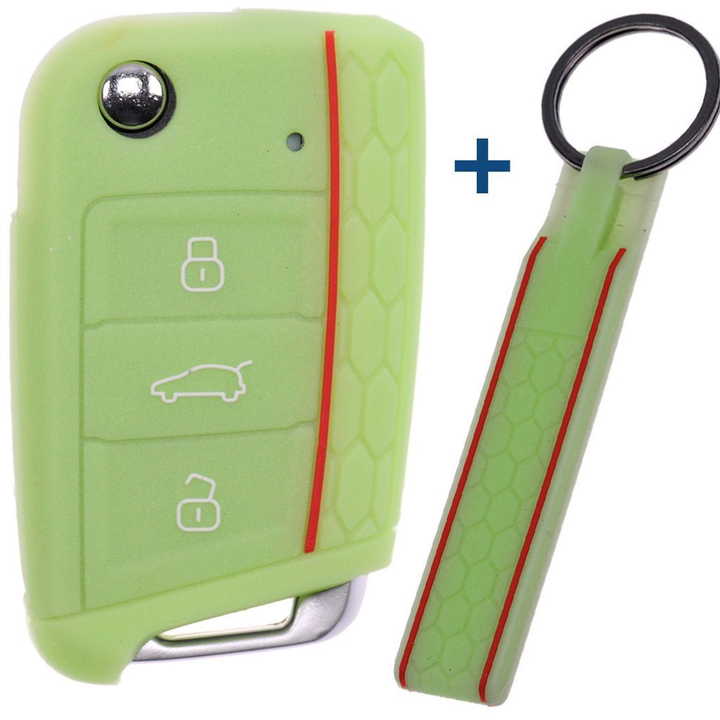 mt-key Schlüsseltasche Autoschlüssel Silikon Schutzhülle mit passendem Schlüsselband, für Golf 7 Polo 6C Seat Ateca Arona Leon Skoda Octavia Superb Kodiaq Fluoreszierend Grün