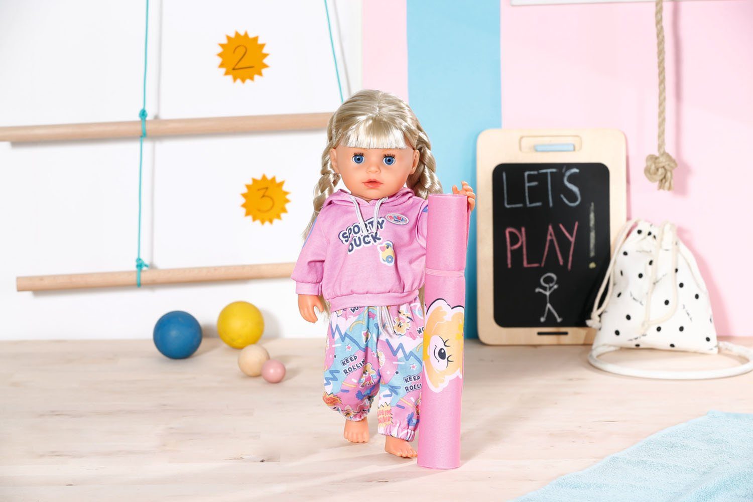 Sport Outfit, cm, 36 mit Baby Gymnastikmatte Born Kindergarten Puppenkleidung