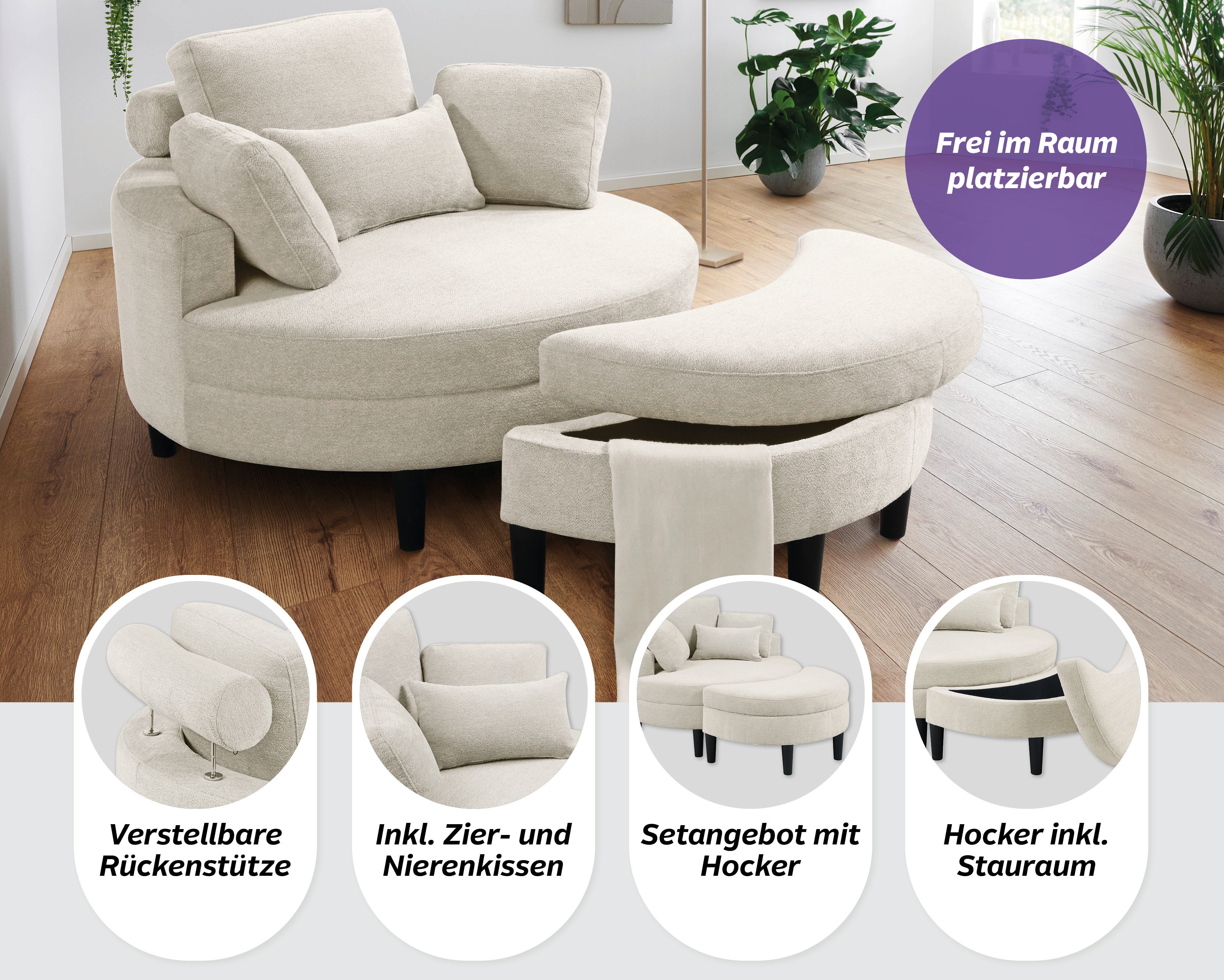 ATLANTIC home collection Loveseat Ravi Sessel, B: 114 cm, Sitzhöhe: 42 cm, XXL- Sessel, mit Stauraumhocker, Rückenstütze & 4 Zierkissen