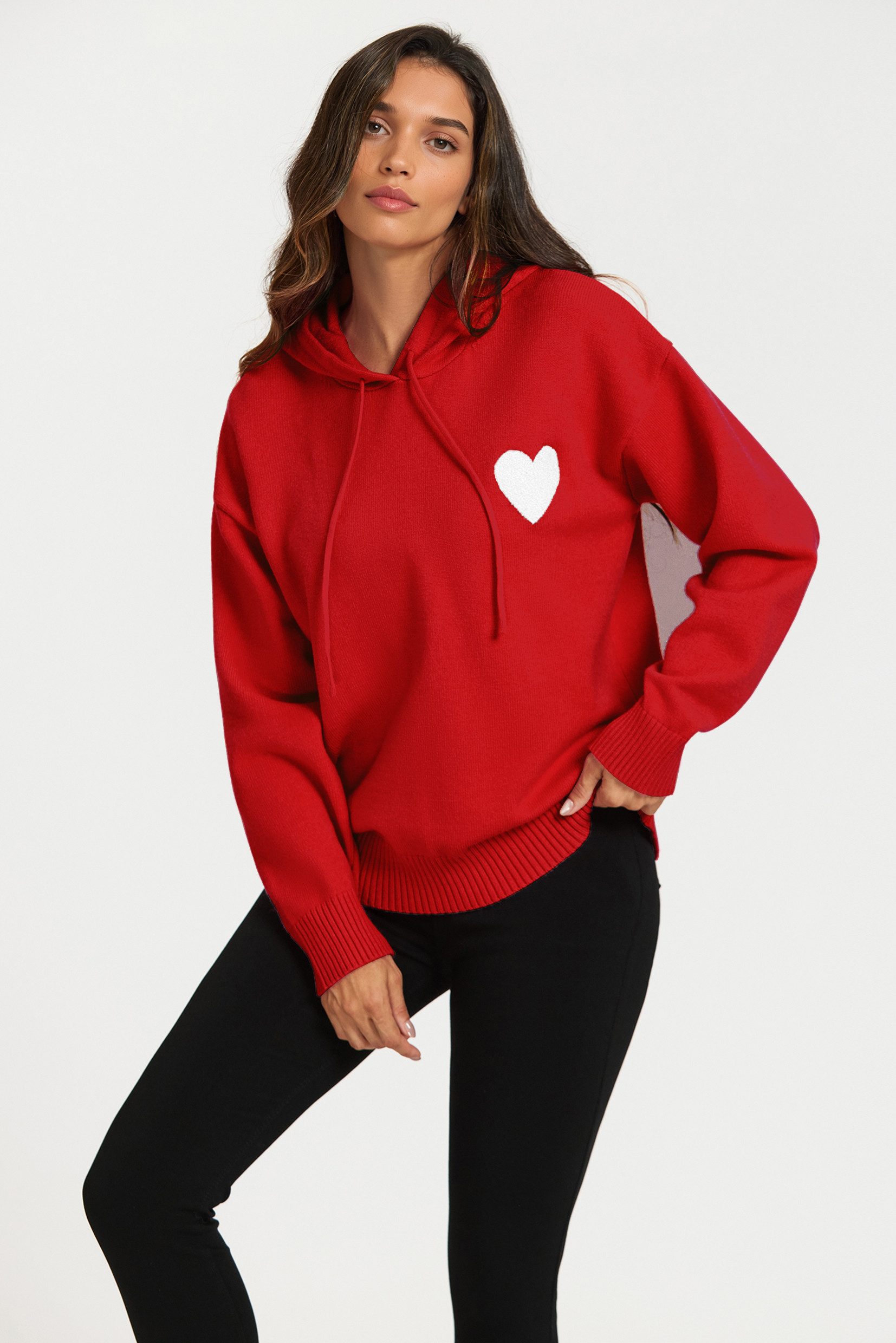 FS Collection Strickpullover Damen Strick-Hoodie Gestrickter Kapuzenpullover - Strickpullover (Einheitsgröße: UK 8–16 / EU 36–44, 6 Farben : Schwarz, Creme, Olivegrün, Fuchsia Rosa, Kamel und Rot) 56 % Viskose, 26 % Polyester, 18 % Wolle)